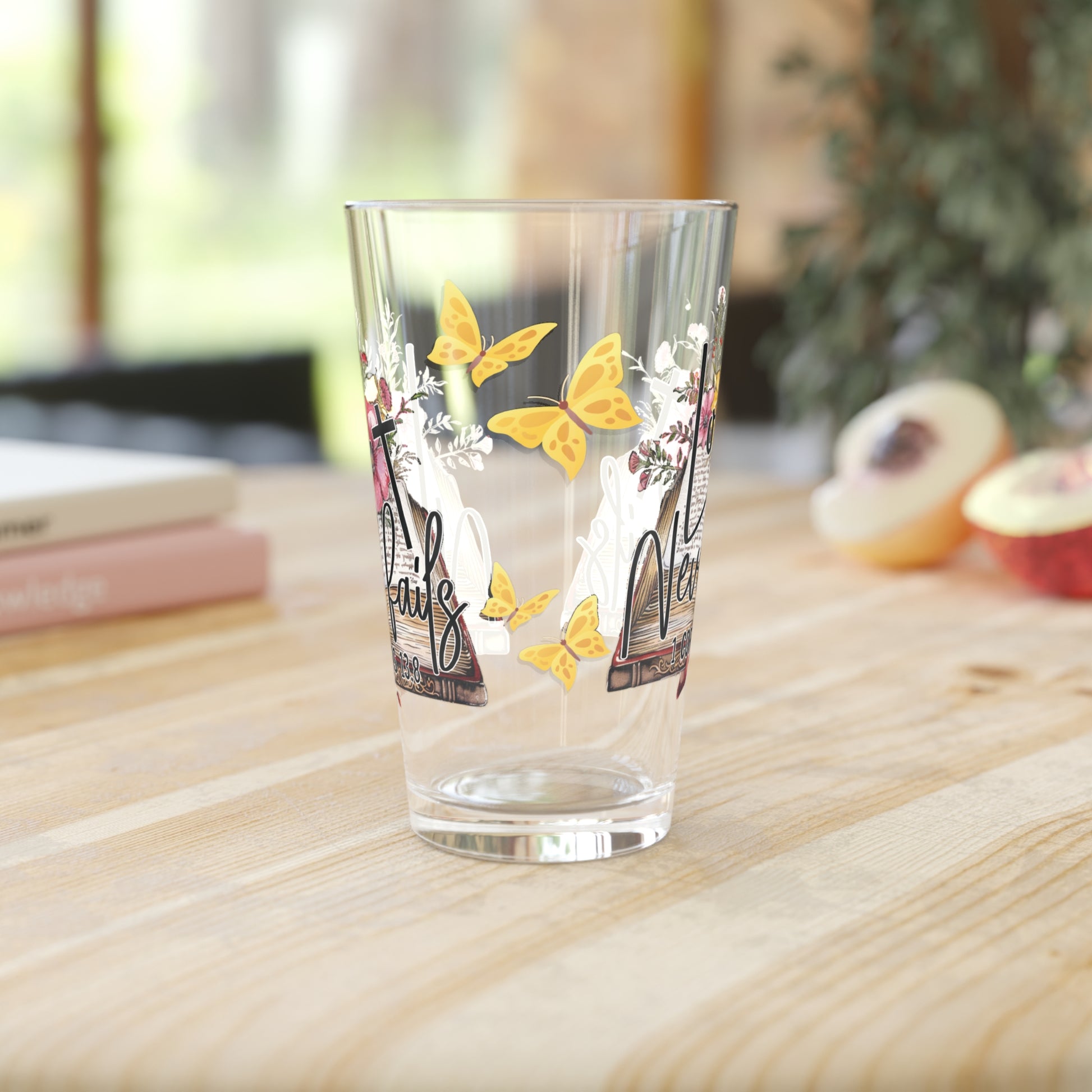 Love Never Fails 16oz Pint Glass – Christian Glassware for Faith & Inspiration | Perfect for Water, Juice & More – Unique Religious Gift Idea