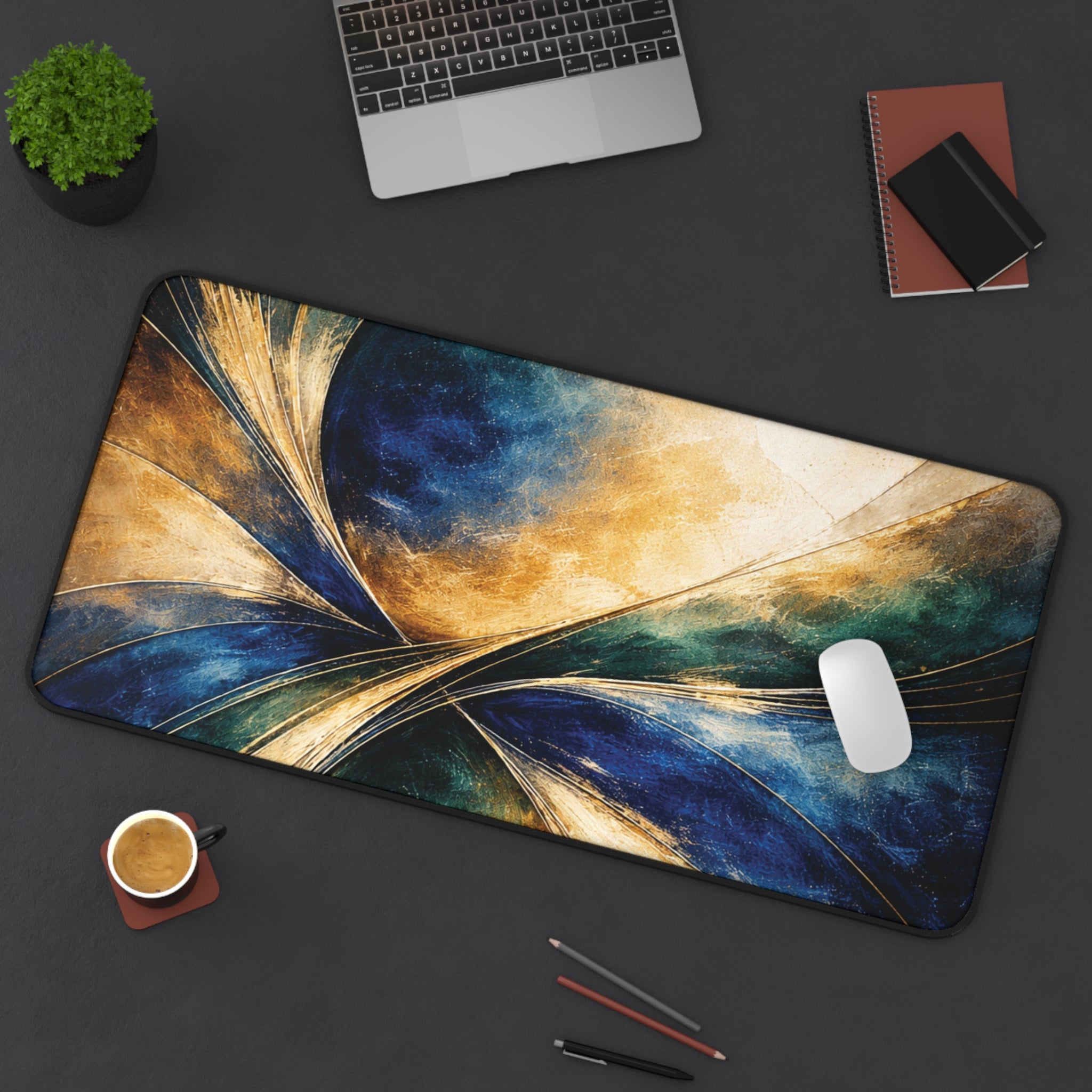 Gilded Convergence Blue & Gold NeoDeco Desk Mat — Luxury Office Desk Mat