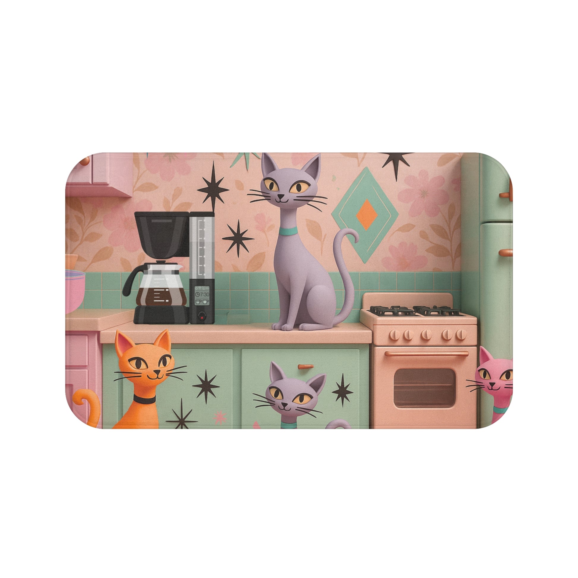 Atomic Cat Mid Century Modern Bath Mat | Retro 1950s Space Age Bathroom Decor | Funky Vintage Starburst Style for Cat Lovers & Retro HomesUpgrade Comfort Home