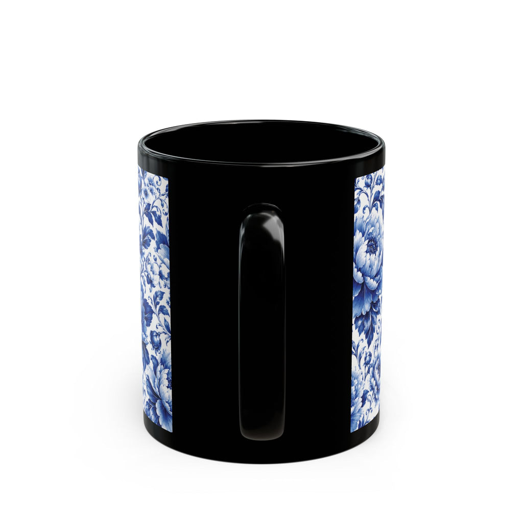 Blue Floral Porcelain Pattern Mug Elegant Black Ceramic Coffee Cup (11oz/15oz) Blue & White Chinoiserie Tea Cup