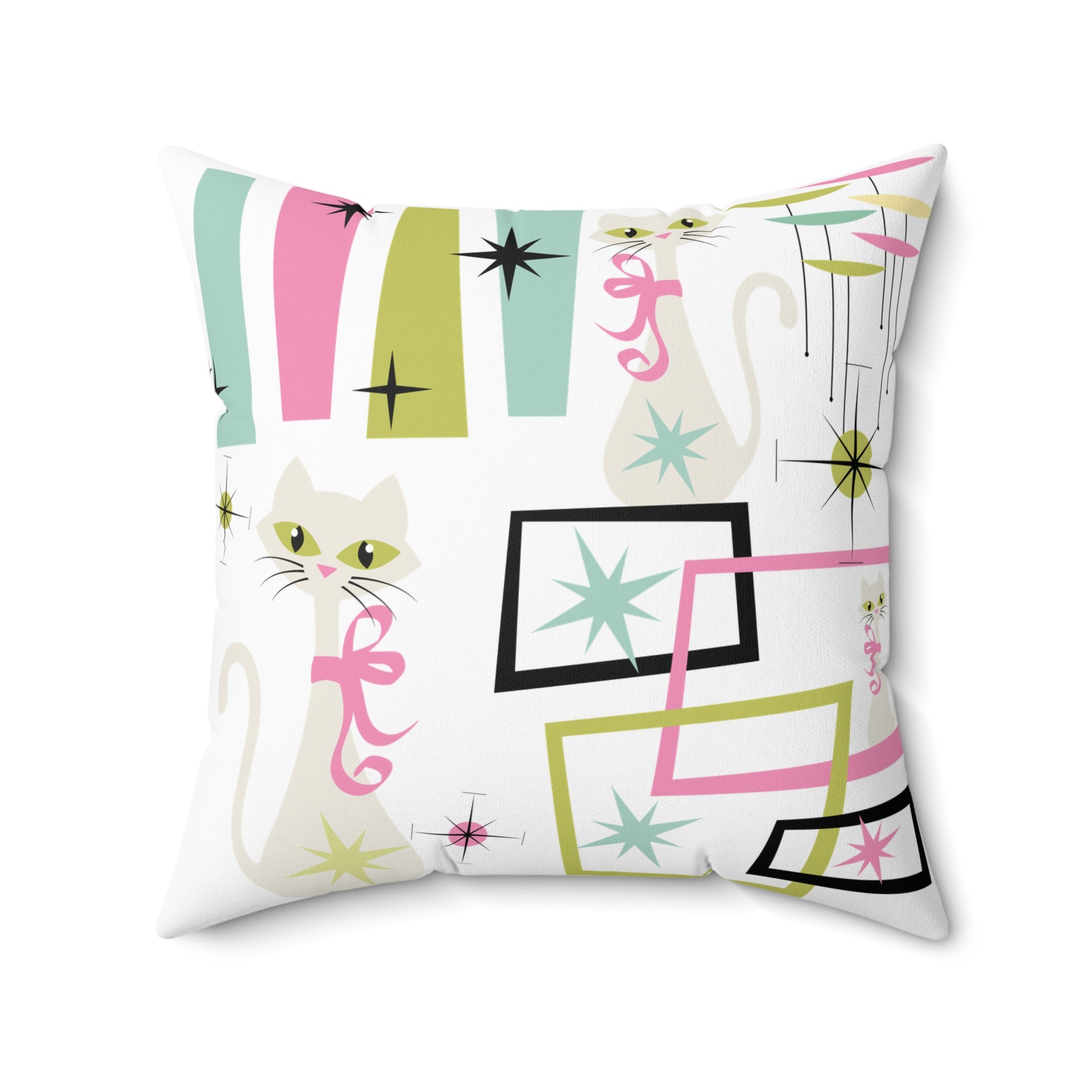 Mid-Century Modern Atomic Kitty Cats Square Pillow – Retro 50s Pastel Design, Vintage-Inspired Home Decor for a Chic & Cozy Touch!  Perfect for Home Decor & Gifting Sofa Decor 100% Polyester with Double-Sided Print