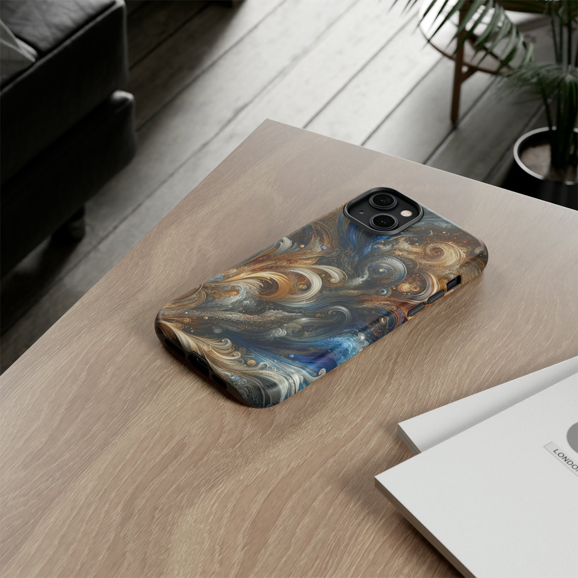 Gold and Navy Art Design Luxury Phone Tough Case Floral Elegant Durable Stylish for Modern Devices iPhone 15, Samsung iPhone Samsung Accessory Gift for Her.