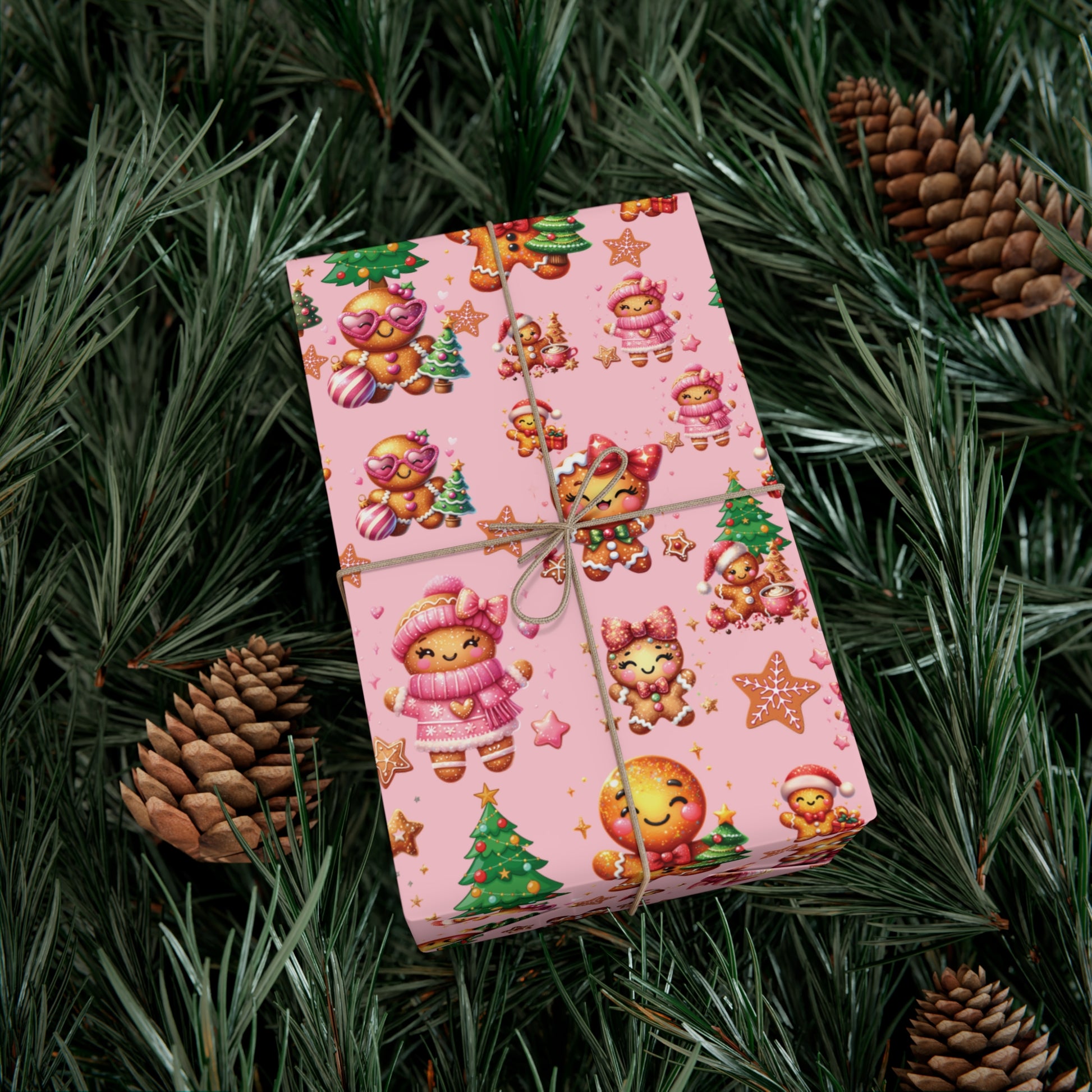 Pink Gingerbread Girls Christmas Wrapping Paper Cute Holiday Gift Wrap for Her, Festive & Whimsical Packaging for Xmas, Baby Showers Birthdays 3 SizesPerfect for Seasonal Gifting