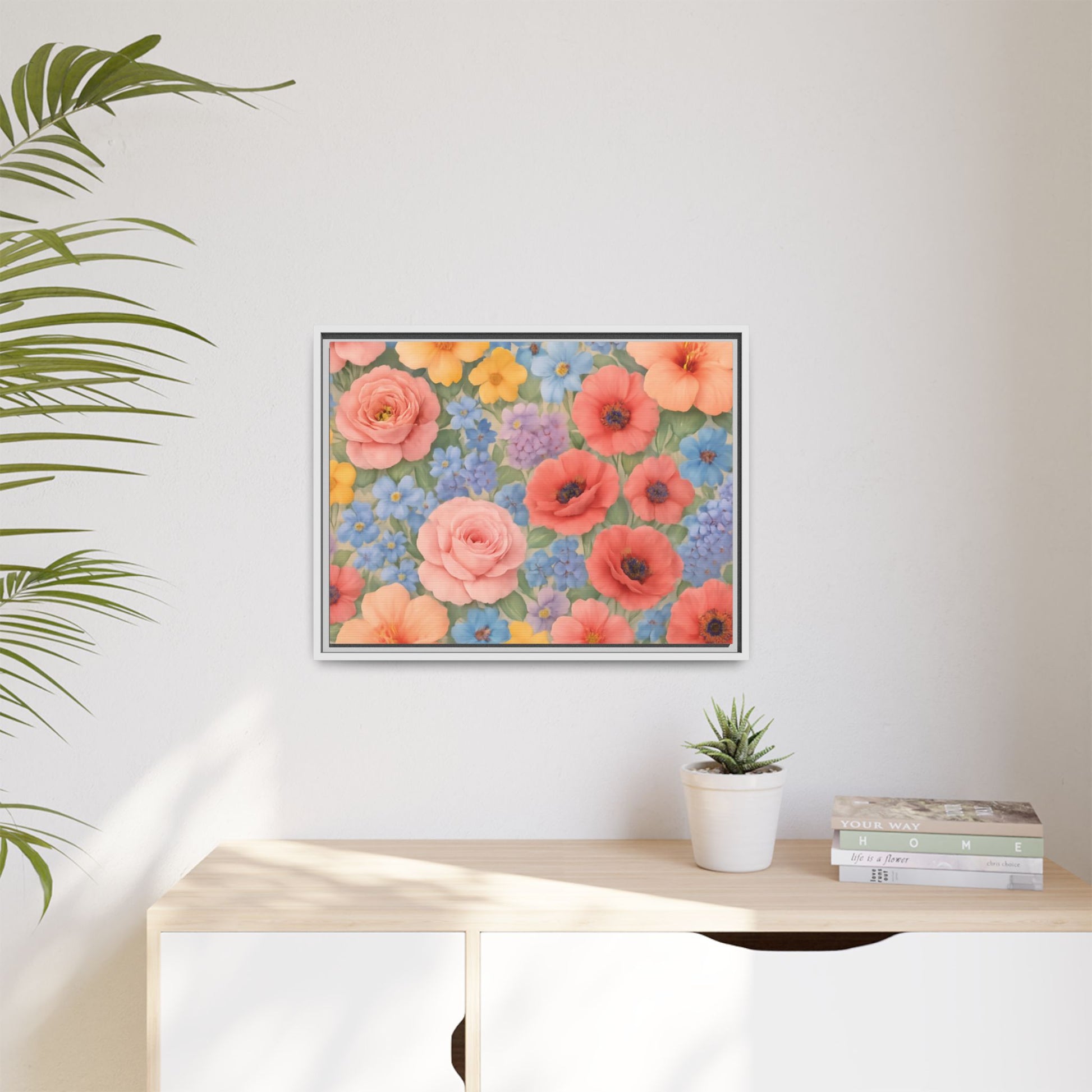 Luxury Framed Floral Canvas – Bold Multi-Color Botanical Wall Art, Elegant Nature-Inspired Accent for Living Room, Bedroom, or Office Décor Gift for Mom