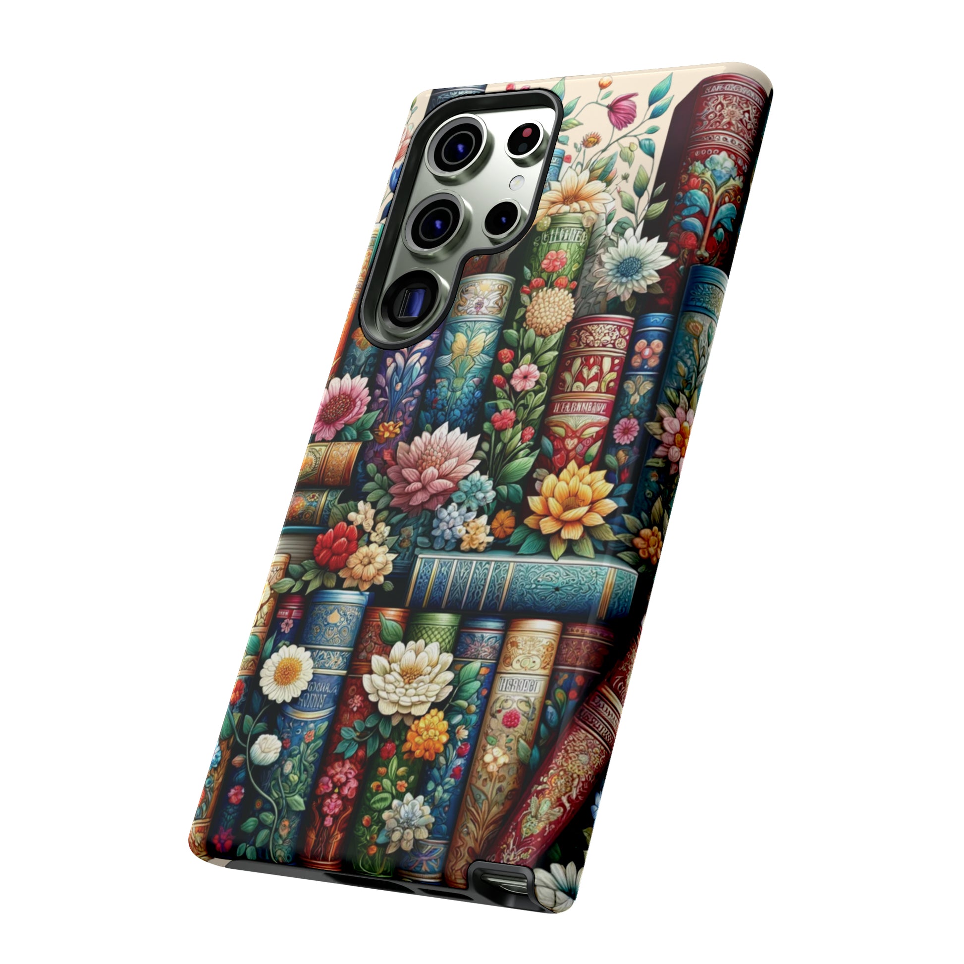 Books and Floral Boho Luxury Phone Tough Case Floral Elegant Durable Stylish for Modern Devices iPhone 15, Samsung iPhone Samsung Accessory Gift for Her.