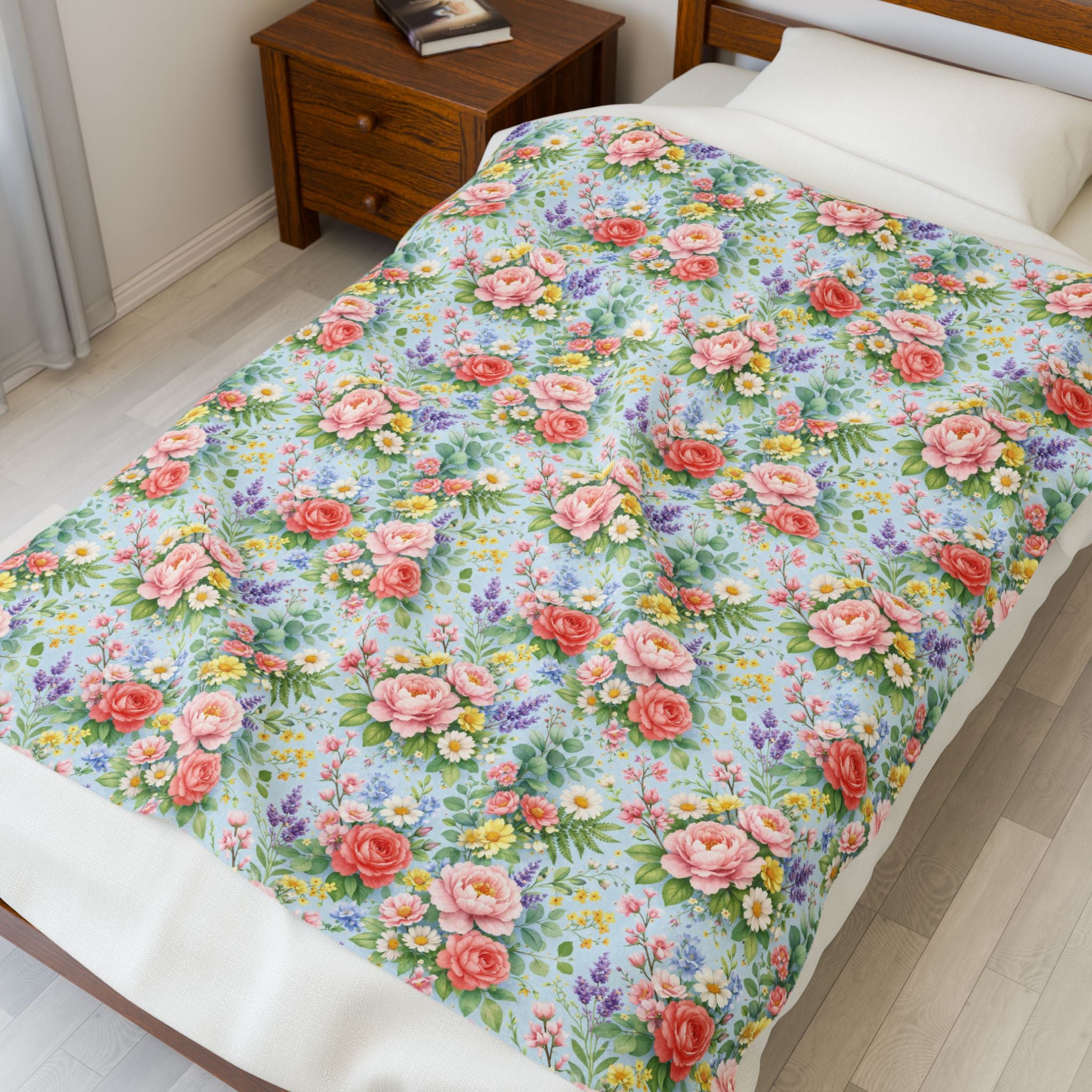 Icy Blue Watercolor Floral Velveteen Plush Blanket — Soft Floral Throw for Cozy Home & Gift