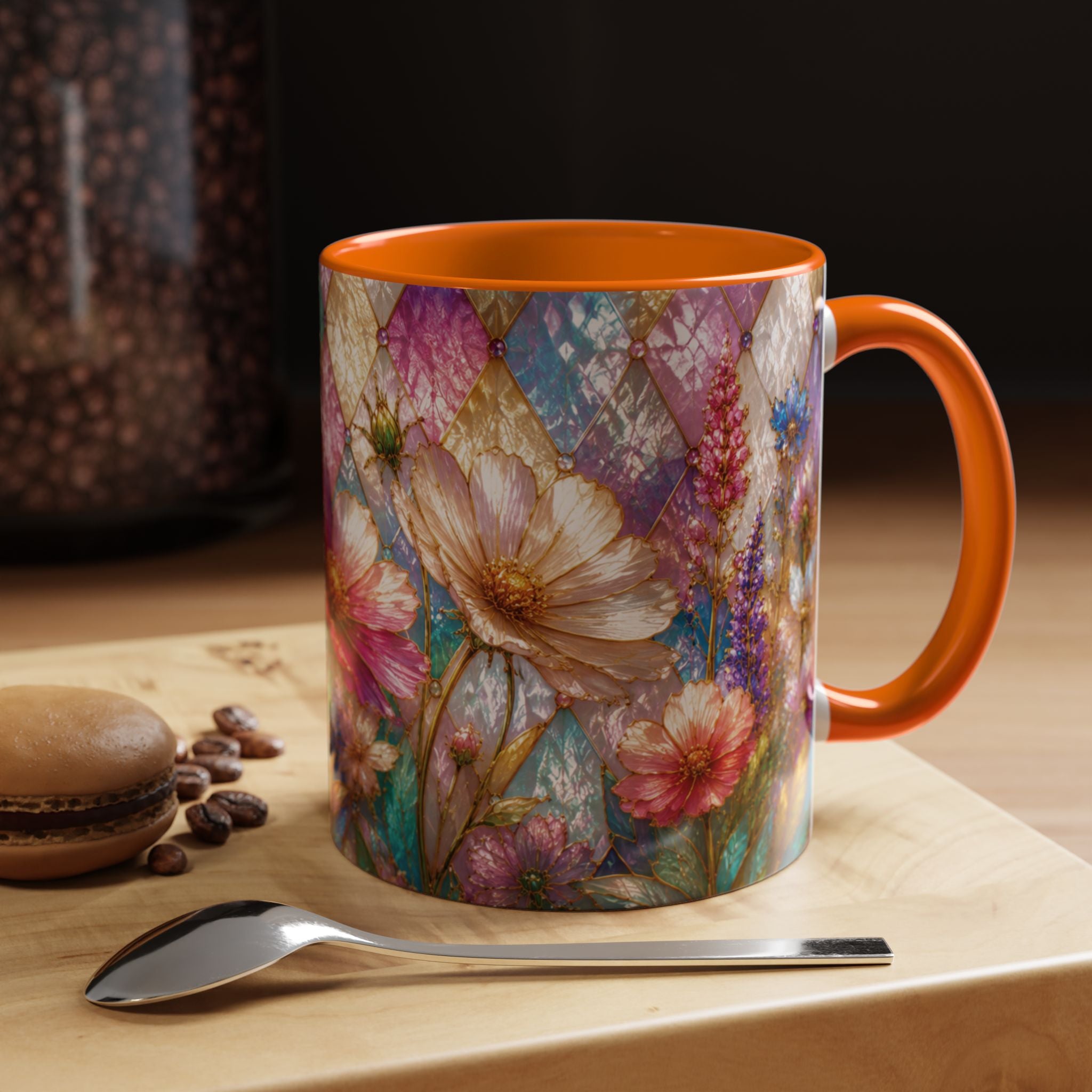 Floral Mosaic Accent Coffee Mug — Colorful Garden Flowers 11/15oz Stain Glass Illusion