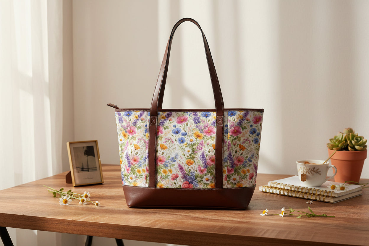 Tote bag with floral pattern and brown handles on a white background