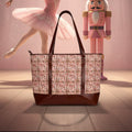 Floral-patterned tote bag with brown accents on a white background