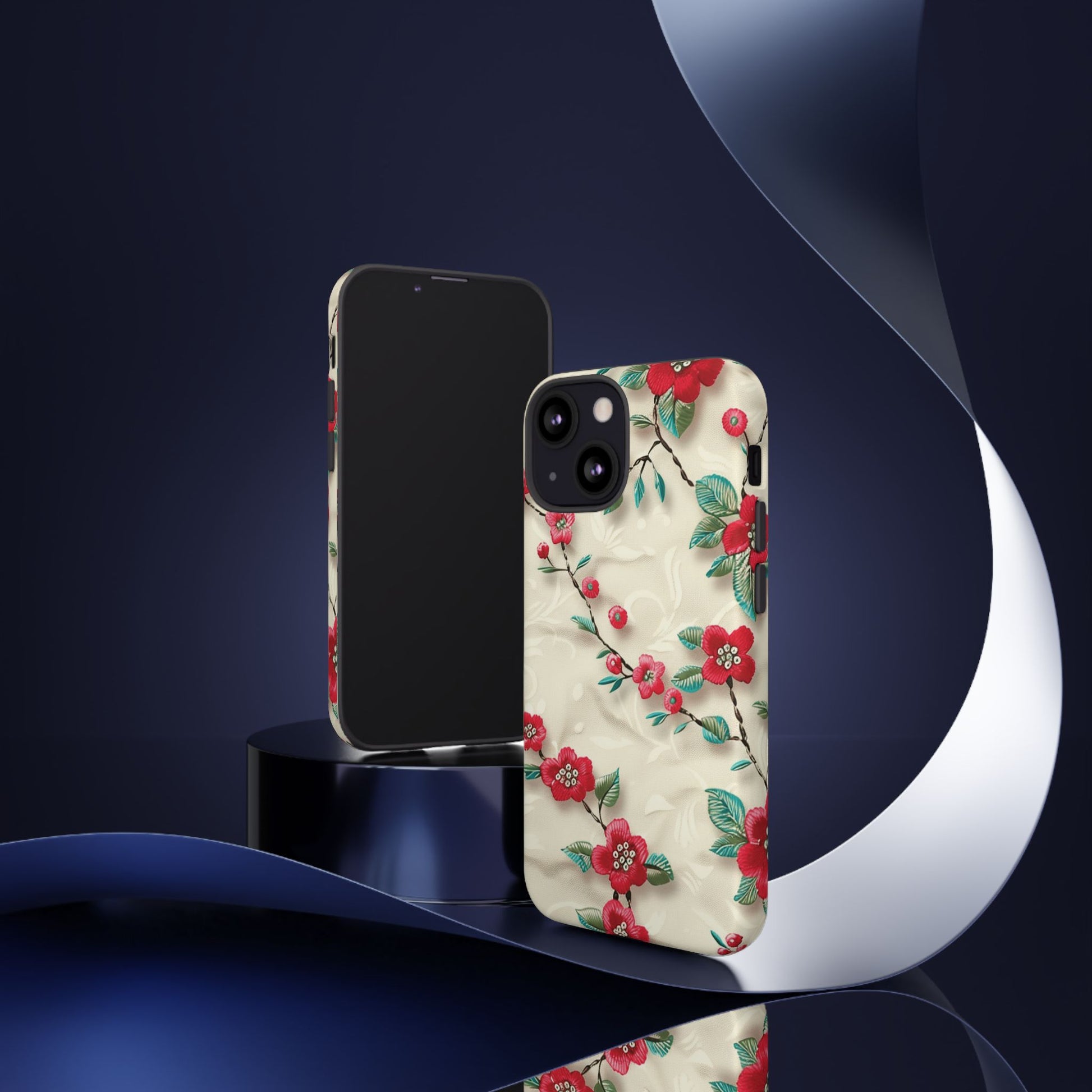 3D Embroidery Illusion Red Flowers Phone Case for iPhone, Samsung Pixel Artistic Floral Protection 15 14 13 12, 21 23 Gift for Her Perfect for Floral Lover