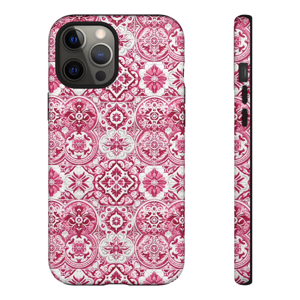 Pink and White Mediterranean Tile Design Phone Case - Stylish, Protective Cover for All Models Gift for Mom Accessory Gift for Her