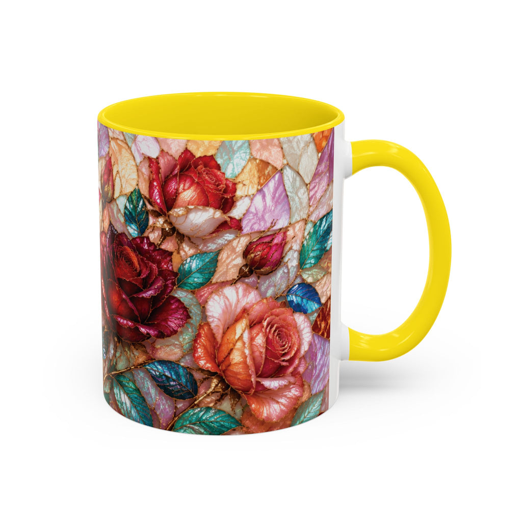 Floral Stained-Glass Accent Coffee Mug Colorful Rose Pattern (11/15 oz) Gift for Her