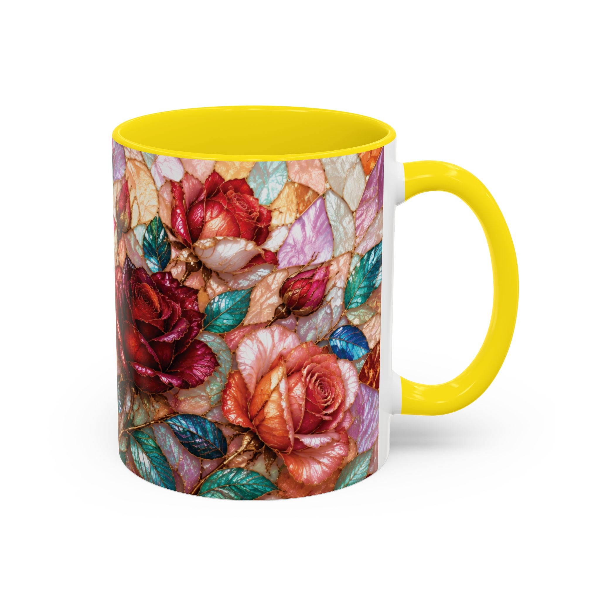 Floral Stained-Glass Accent Coffee Mug Colorful Rose Pattern (11/15 oz) Gift for Her