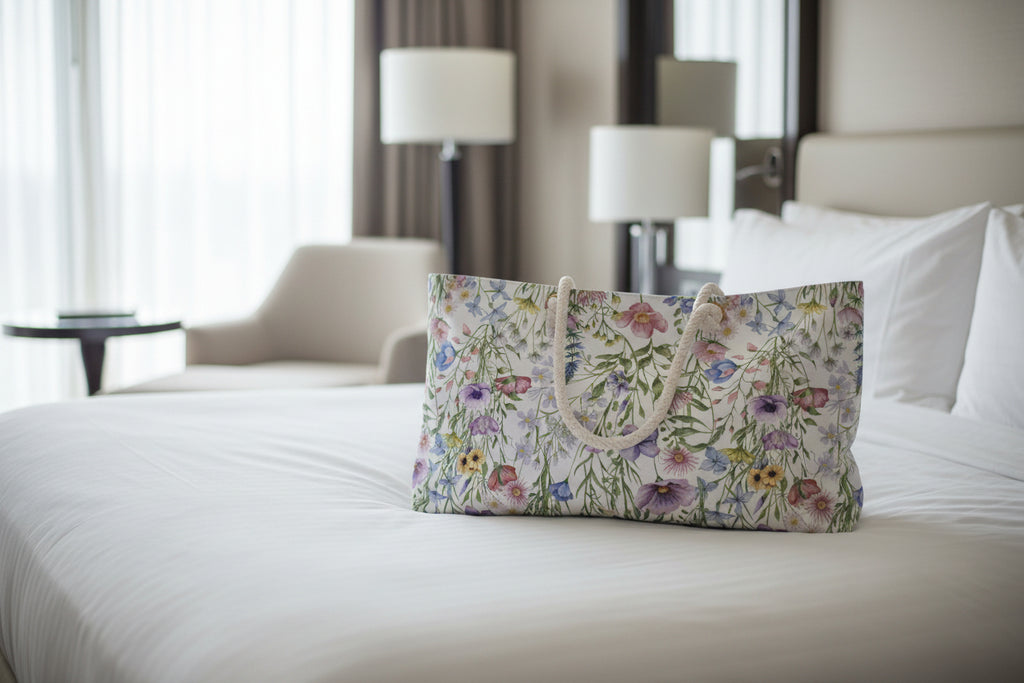 Floral-patterned tote bag on a white background