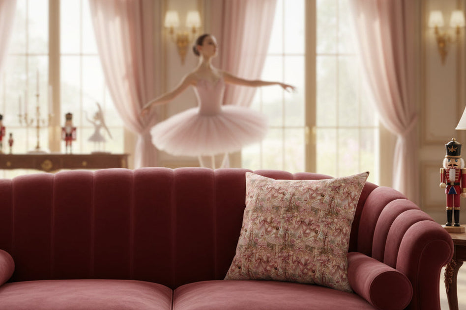 Decorative pillow with pink and gold ballerina pattern on a white background