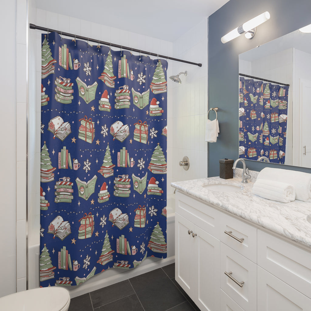 Shower Curtain - Royal Blue Christmas Books and Coffee Design
