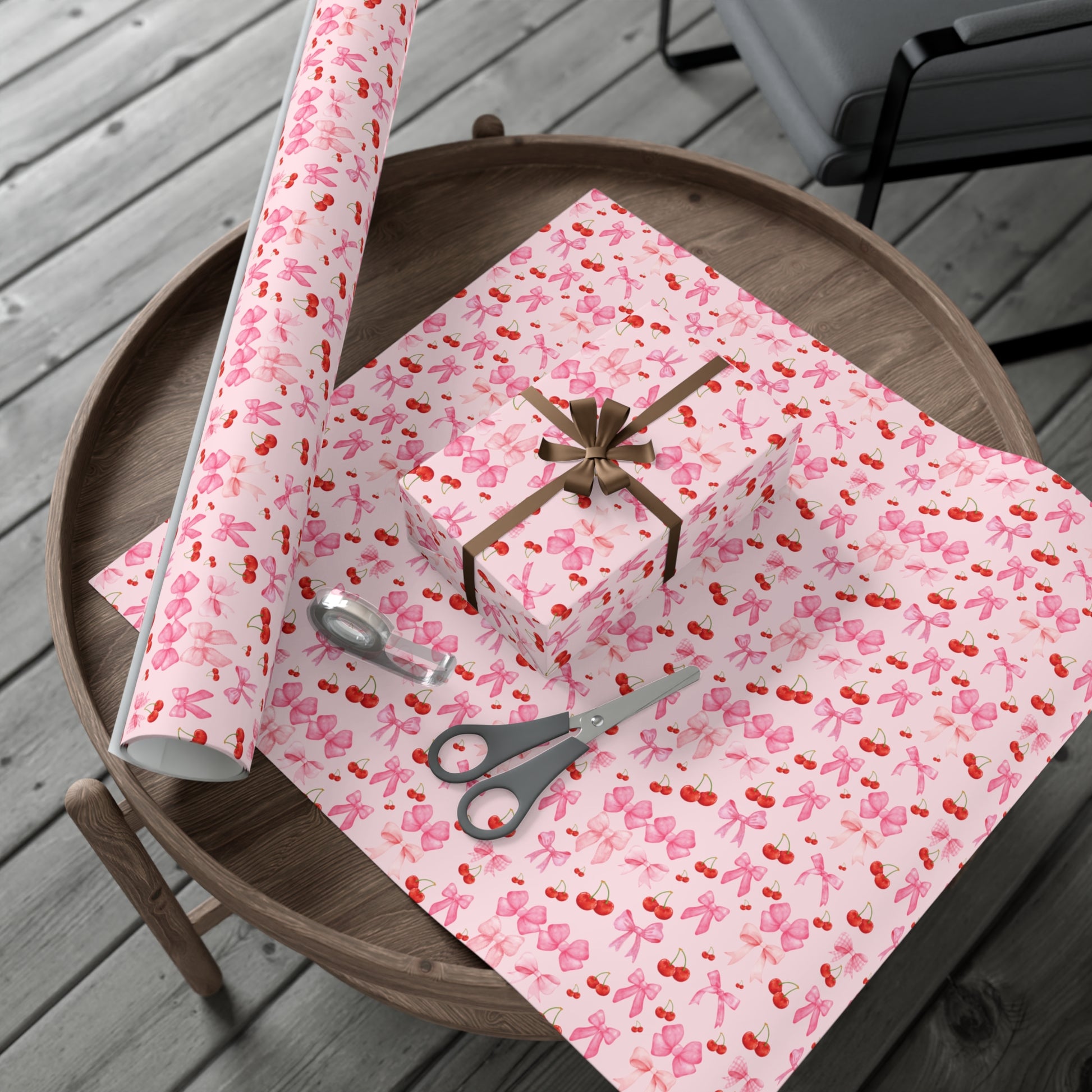 Pink Chic Coquette Wrapping Paper Pink Bows Cherries Elegance Perfect for Gifts Weddings, Bridal Baby Showers All Occasion.
