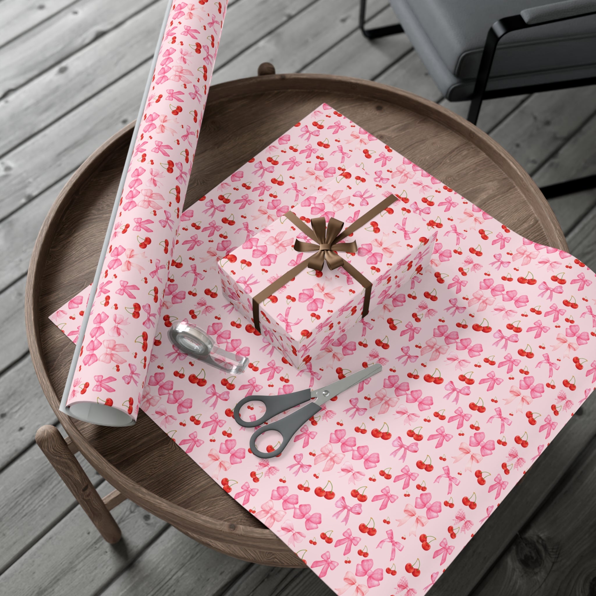 Pink Chic Coquette Wrapping Paper Pink Bows Cherries Elegance Perfect for Gifts Weddings, Bridal Baby Showers All Occasion.