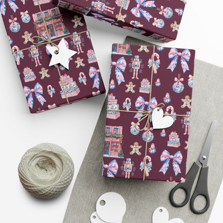 Pink & Blue Nutcracker Christmas Wrapping Paper with Bows & Holiday Elements – Ideal for Festive Gift Wrapping, Adding Cheer & Charm to Every Present Gifts - MRSBYVALLE