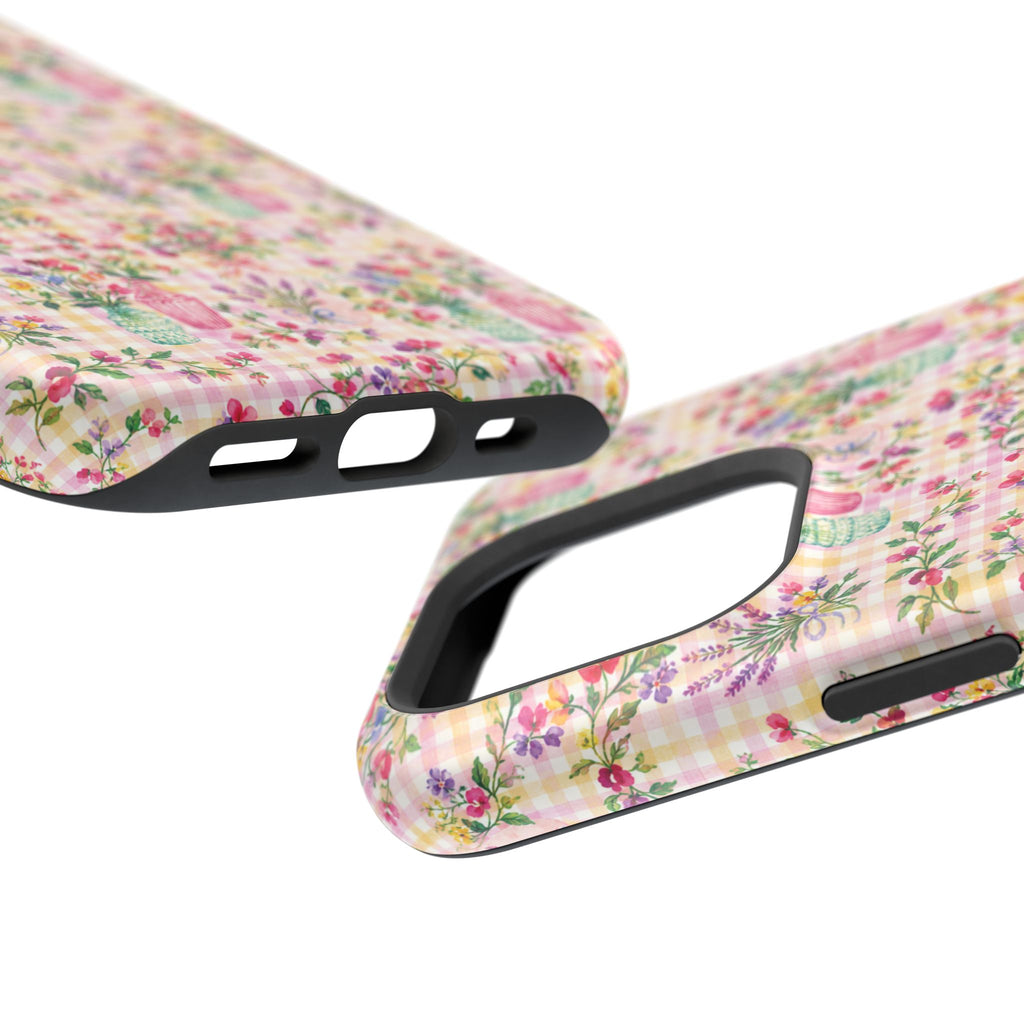 Turquoise & Pink Floral Checker Phone Case — Magnetic Impact-Resistant