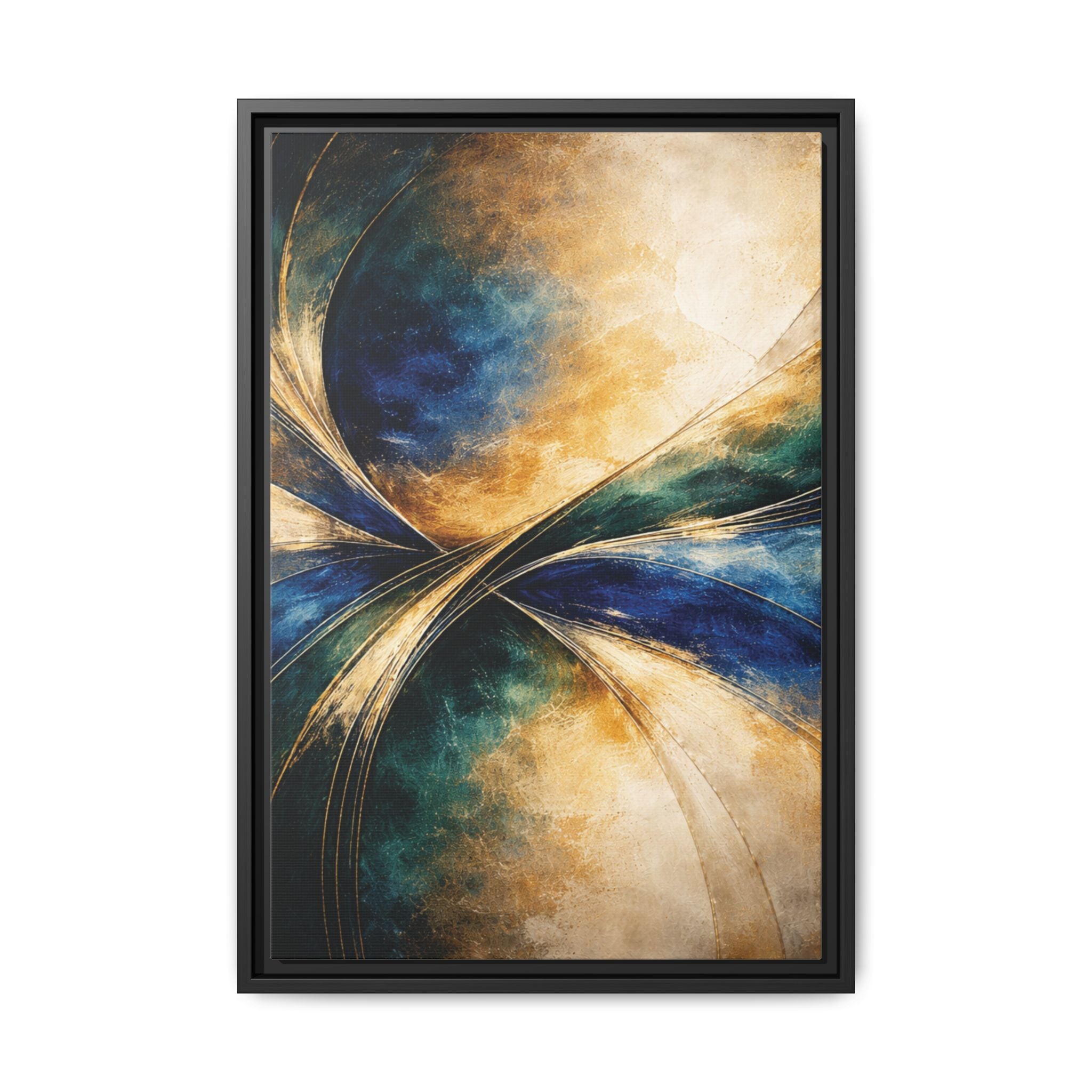 Gilded Convergence  Luxe NeoDeco Blue & Gold Abstract Wall Art Framed