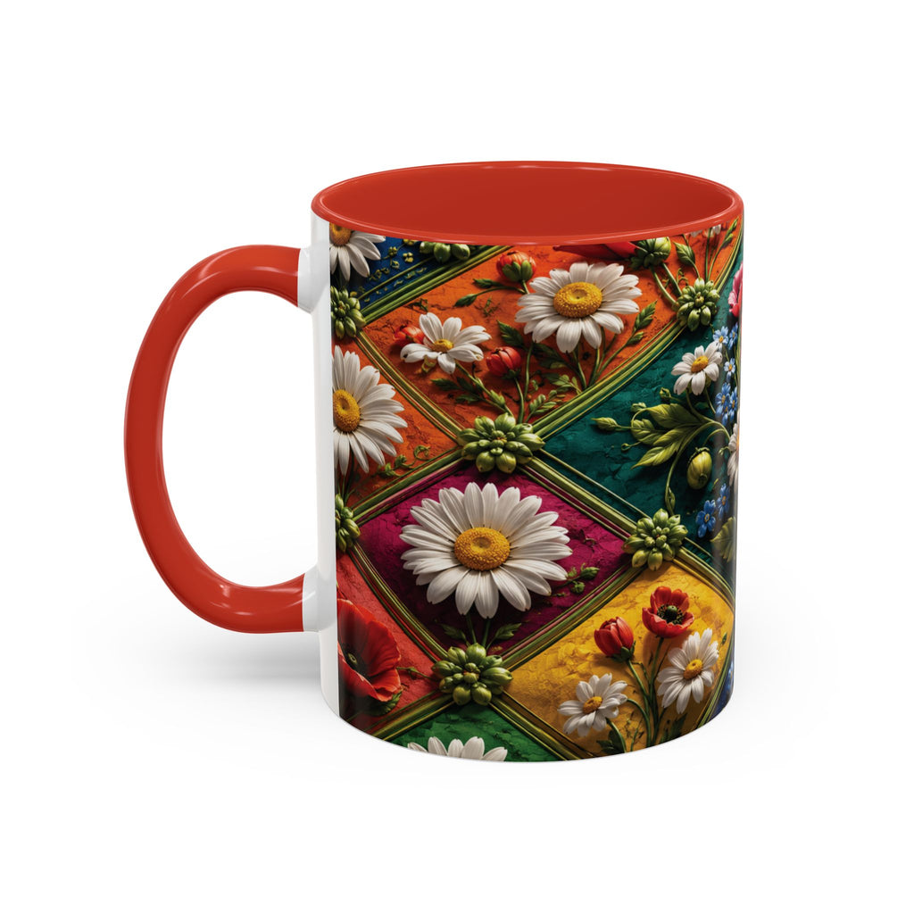 Floral Patchwork Accent Coffee Mug — Colorful Poppies & Daisies (11/15oz) 3D Illusion