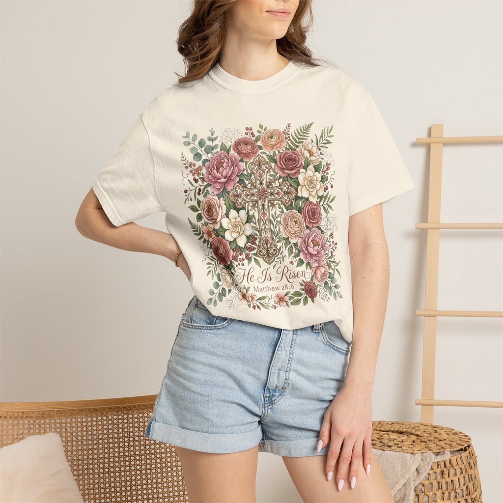 He Is Risen Floral Cross T-Shirt Christian Gift