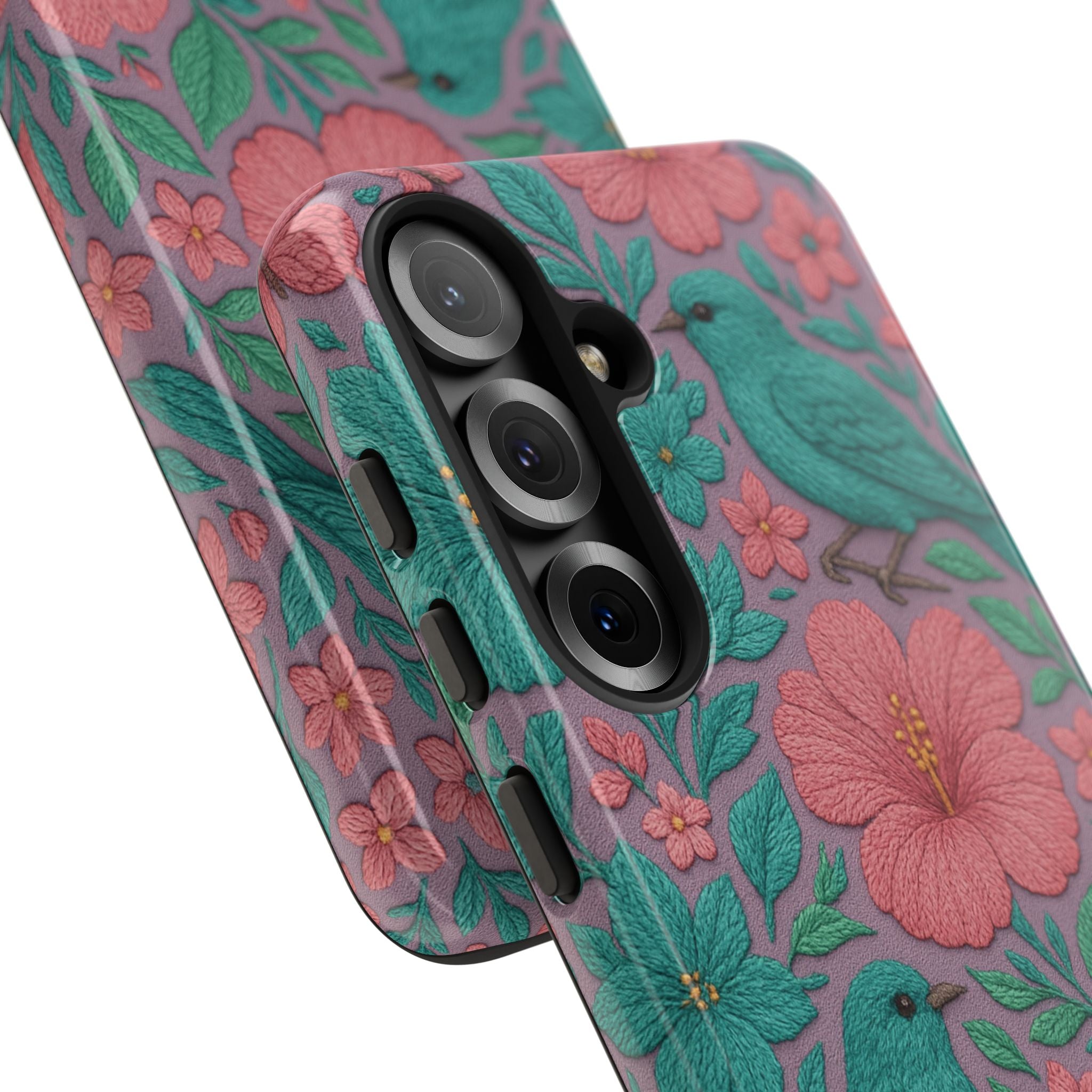 Turquoise, Pink and Lavender 3D Embroidery Illusion Phone Case Tropical Flowers, Birds & Butterflies Cover with Bold, Realistic Floral Texture iPhone, Samsung