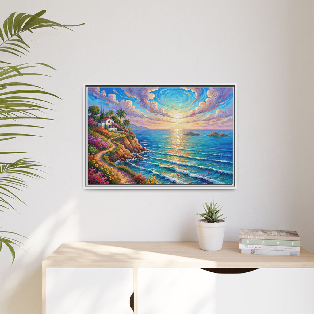 Toile imprimée florale océanique | Décoration murale colorée et lumineuse de paysage marin, œuvre d'art de bureau encadrée et mate