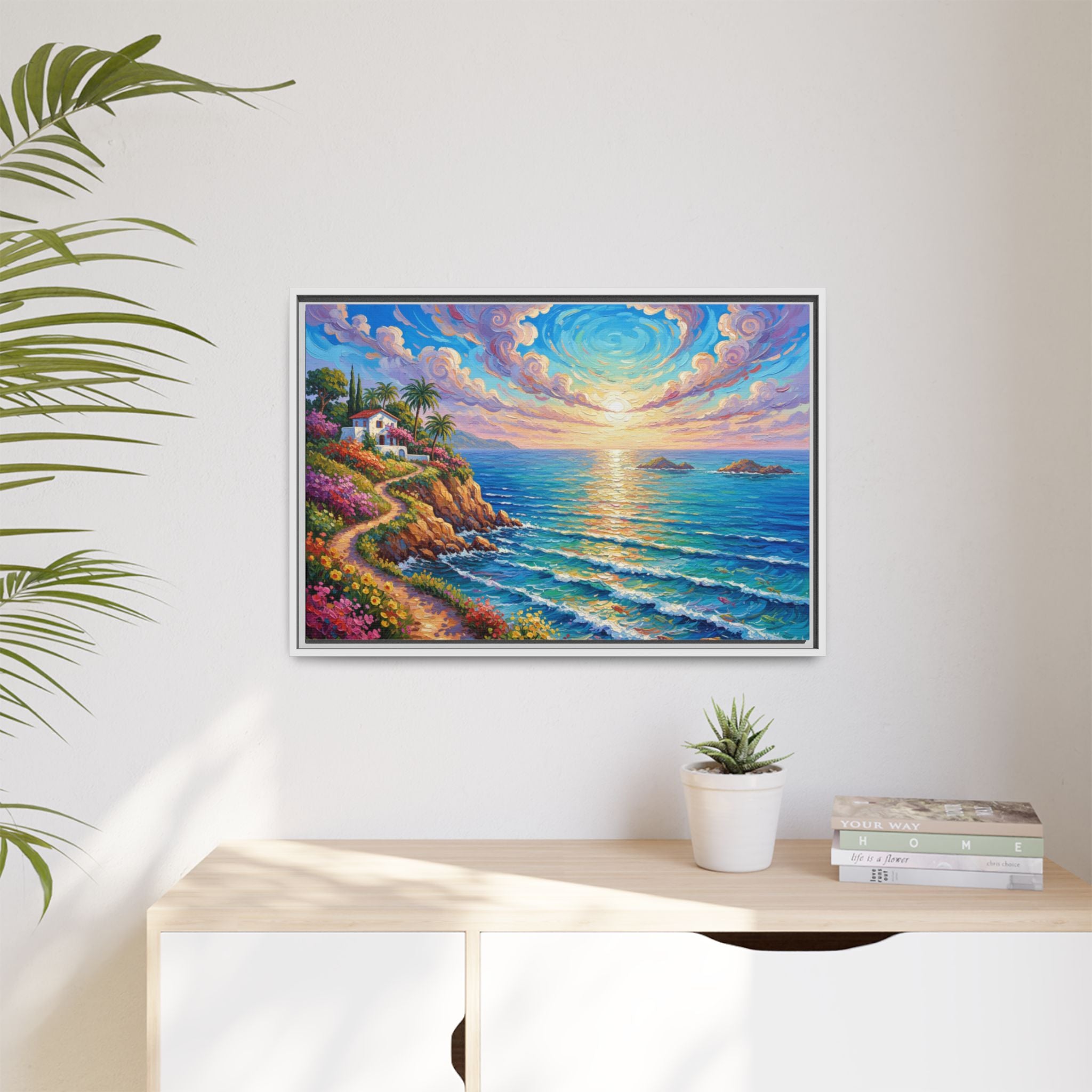Toile imprimée florale océanique | Décoration murale colorée et lumineuse de paysage marin, œuvre d'art de bureau encadrée et mate