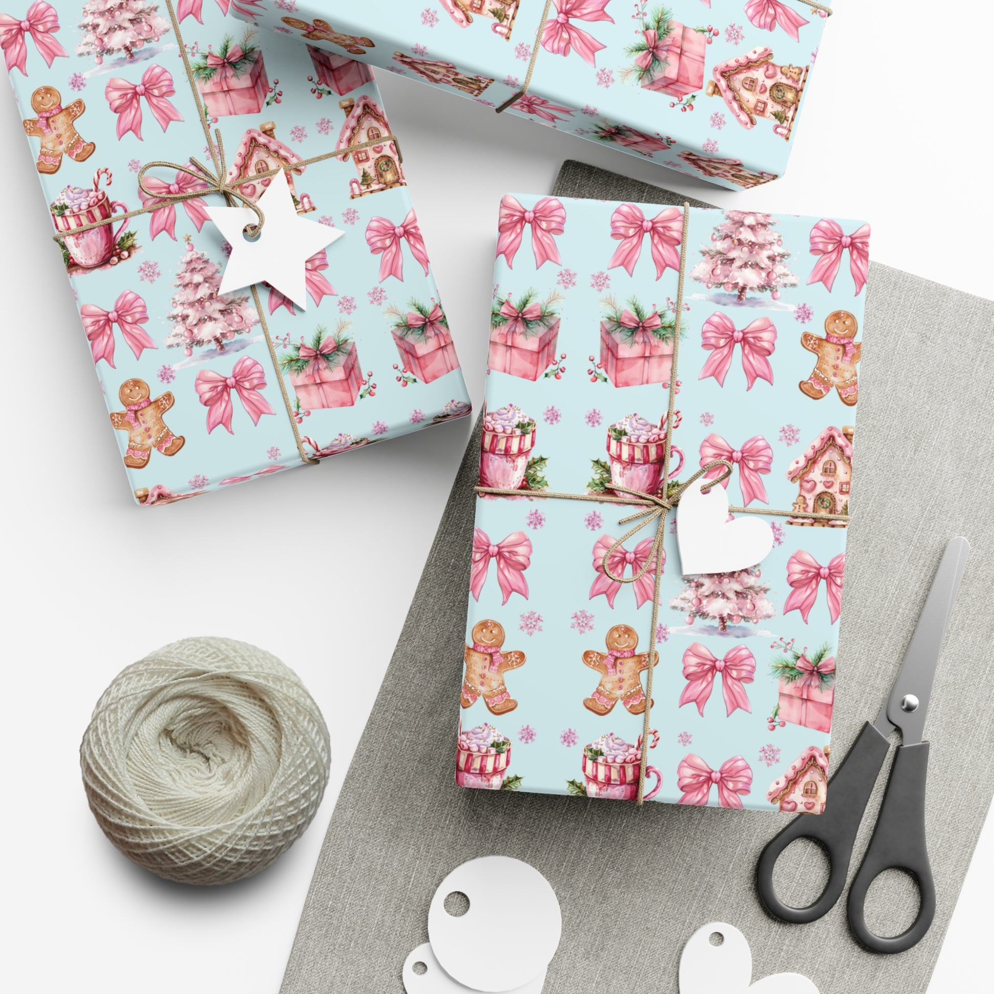 Coquette Pink Gingerbread House Man Wrapping Paper with Adorable Pink Bows Perfect for Whimsical Christmas Gift Wrap | Festive Holiday Present Wrapping Sheets - MRSBYVALLE
