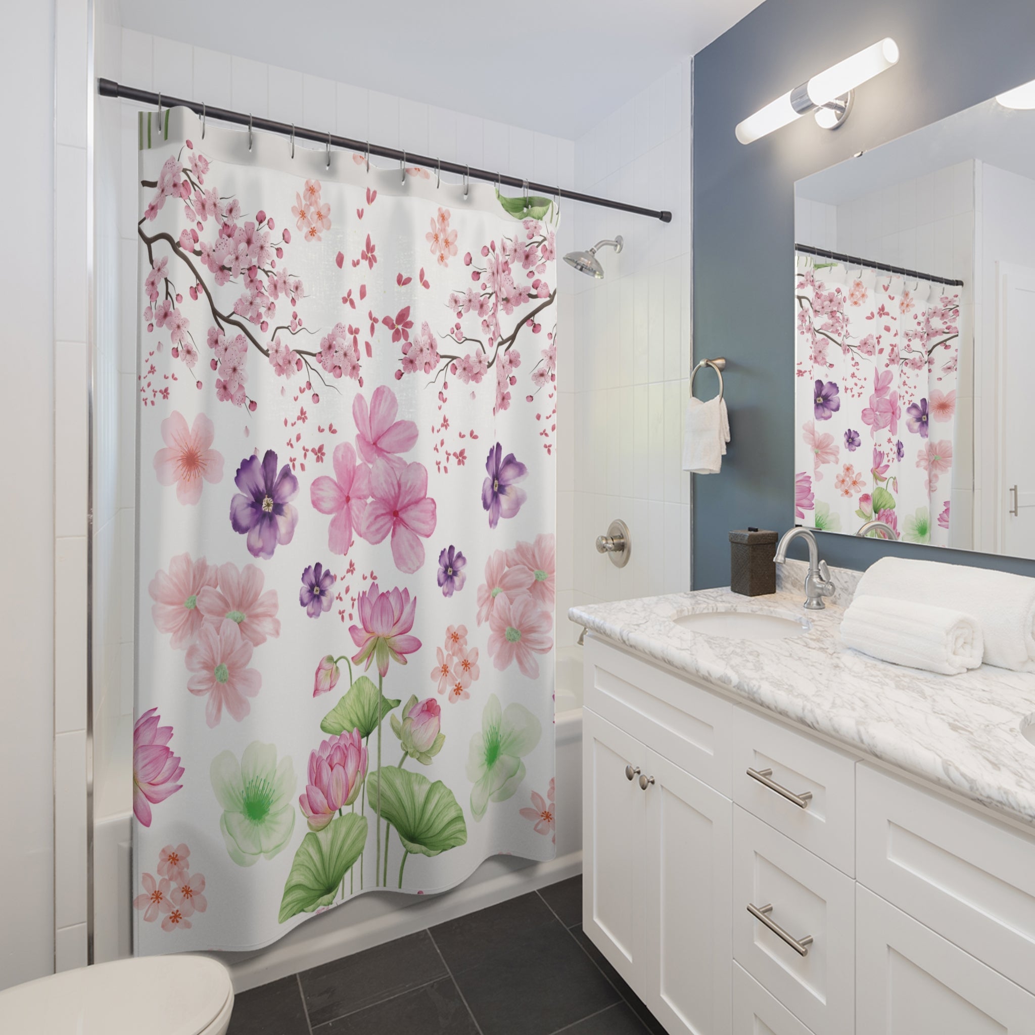 Pink and Purple with Cherry Blossoms Shower Curtain Stylish Bathroom Decor, Perfect for a Fresh, Elegant Look and Durable for a Fresh, Stylish LookWedding Gift for Mom Bridal Shower Gift Newlywed