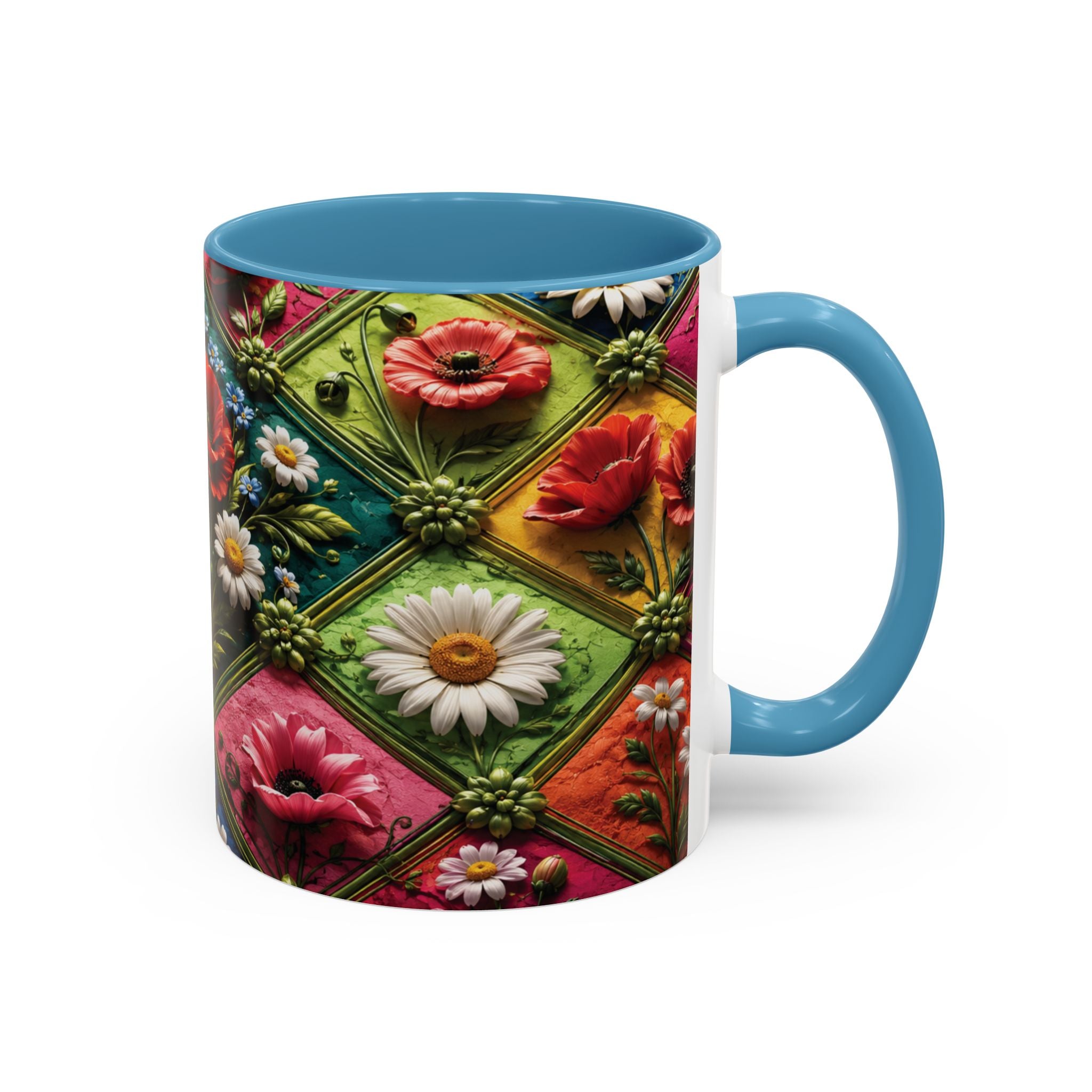Floral Patchwork Accent Coffee Mug — Colorful Poppies & Daisies (11/15oz) 3D Illusion