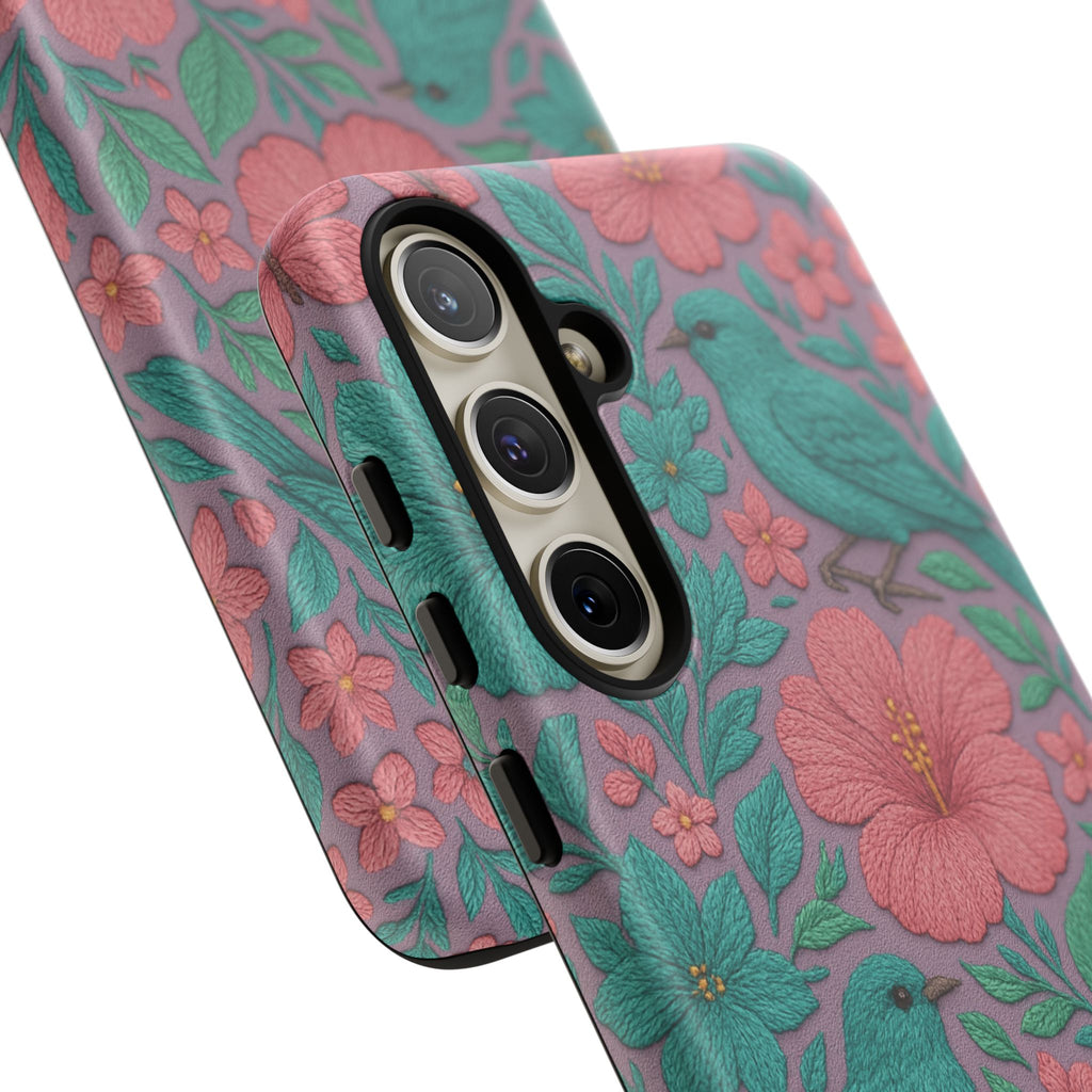 Turquoise, Pink and Lavender 3D Embroidery Illusion Phone Case Tropical Flowers, Birds & Butterflies Cover with Bold, Realistic Floral Texture iPhone, Samsung