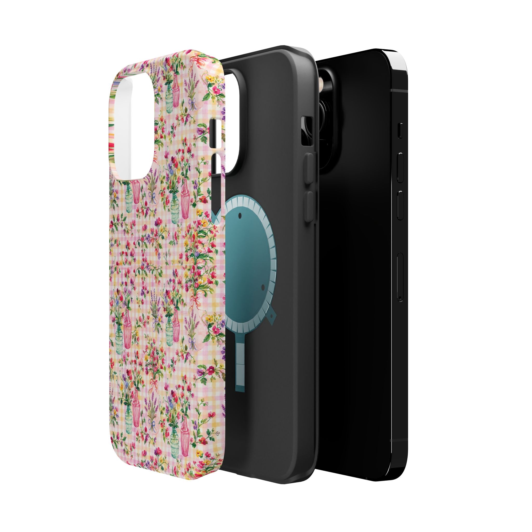 Turquoise & Pink Floral Checker Phone Case — Magnetic Impact-Resistant