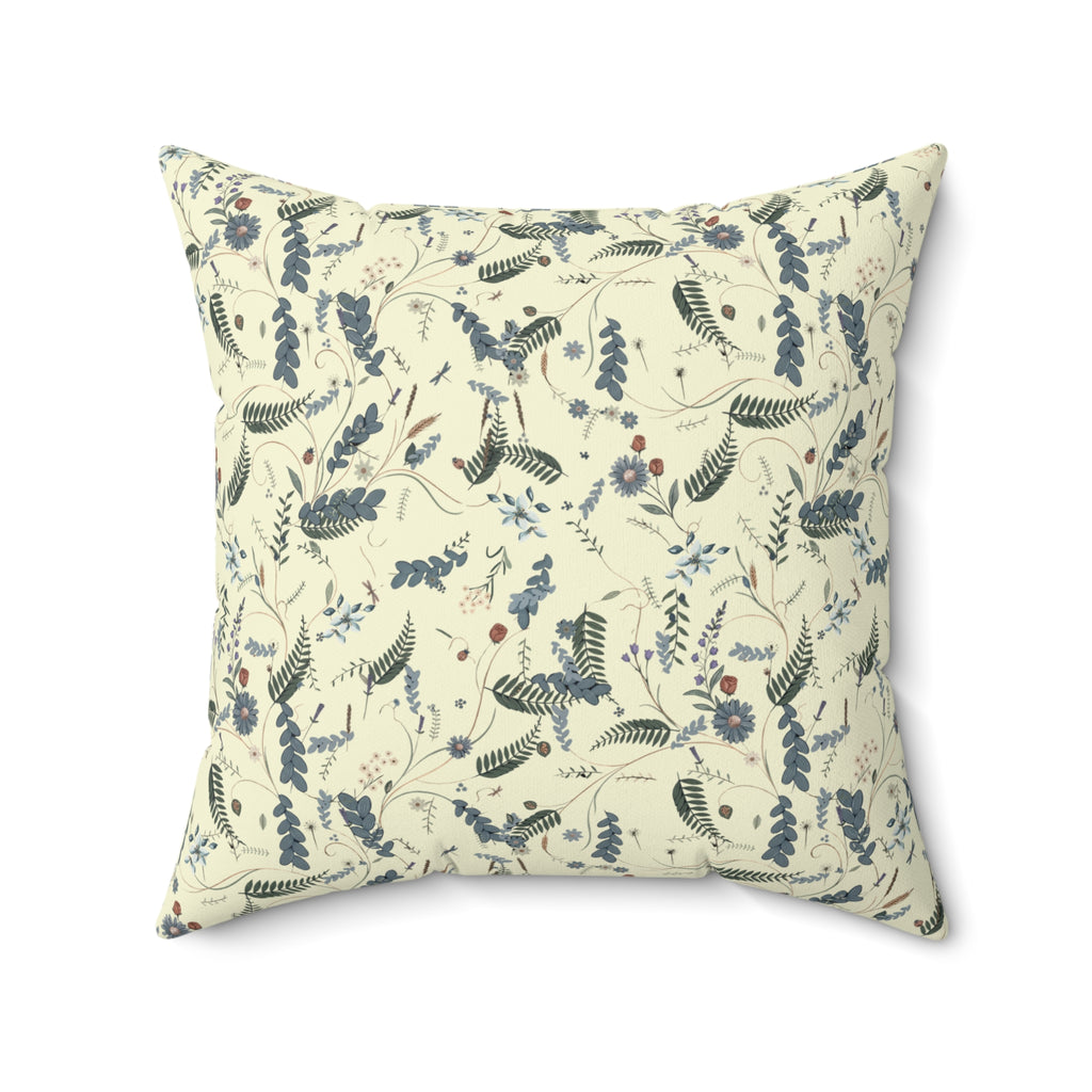 Coussin décoratif carré botanique bleu et beige en polyester filé