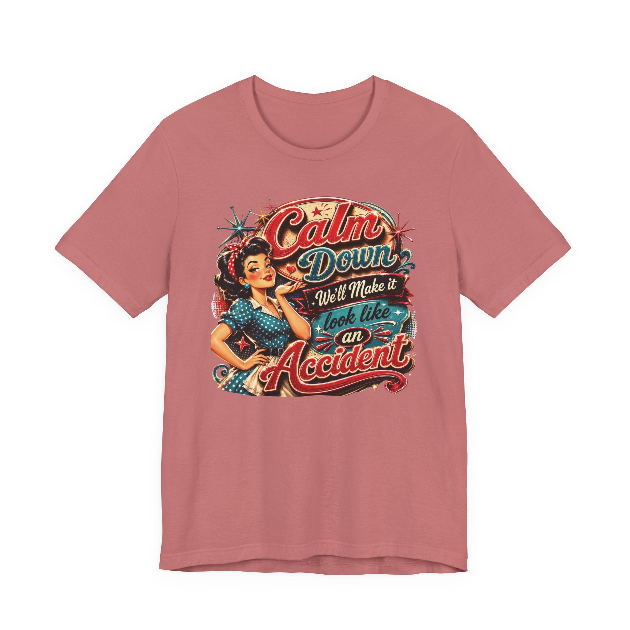Pink t-shirt with a graphic design featuring a woman and text on a white background