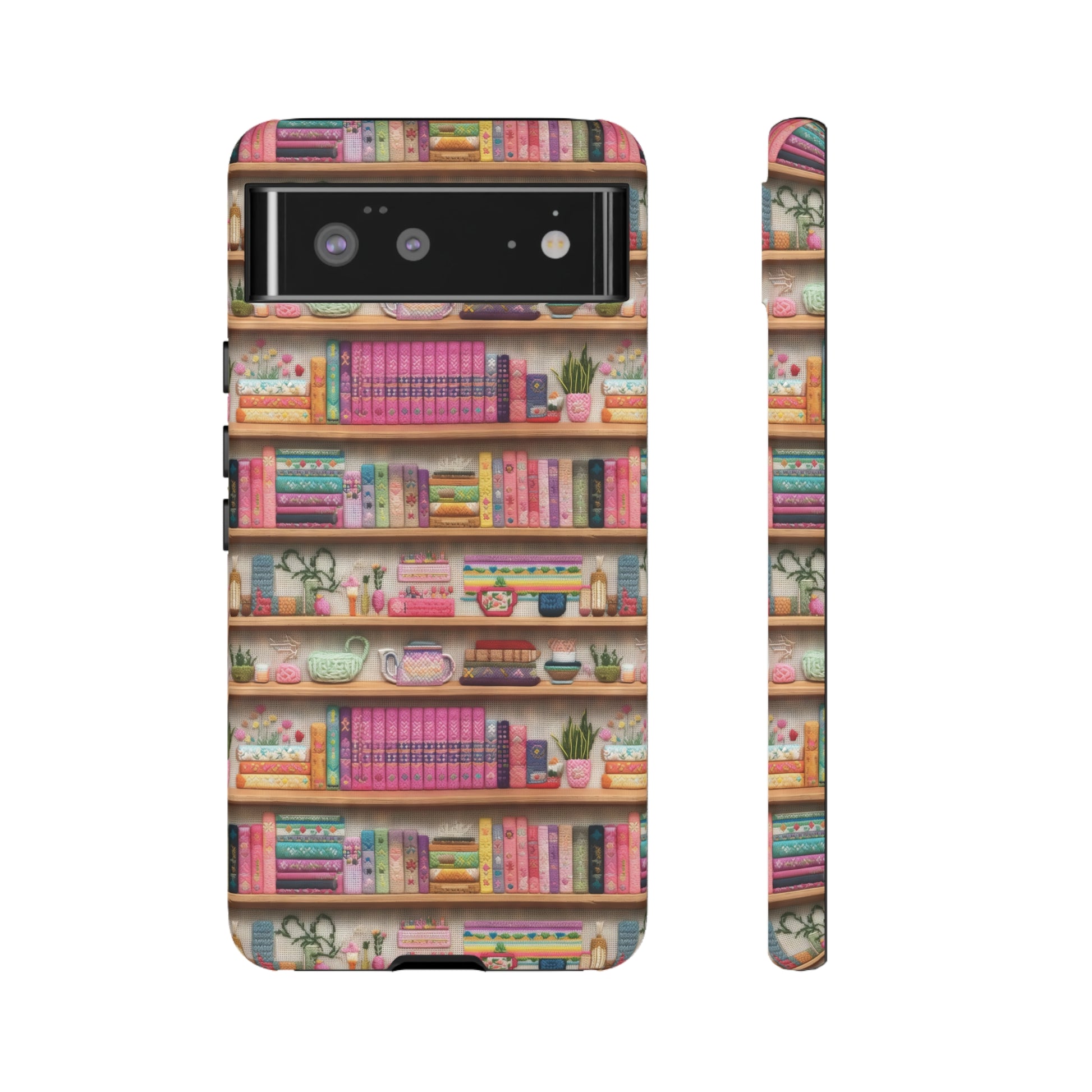 Phone Case 3D Illusion Books & Shelf Embroidery Design with Vibrant Colors Gift for Her Phone 15, Samsung iPhone Samsung Gift for Her Case iPhone 15, Samsung iPhone Samsung Accessory Gift for Her.
