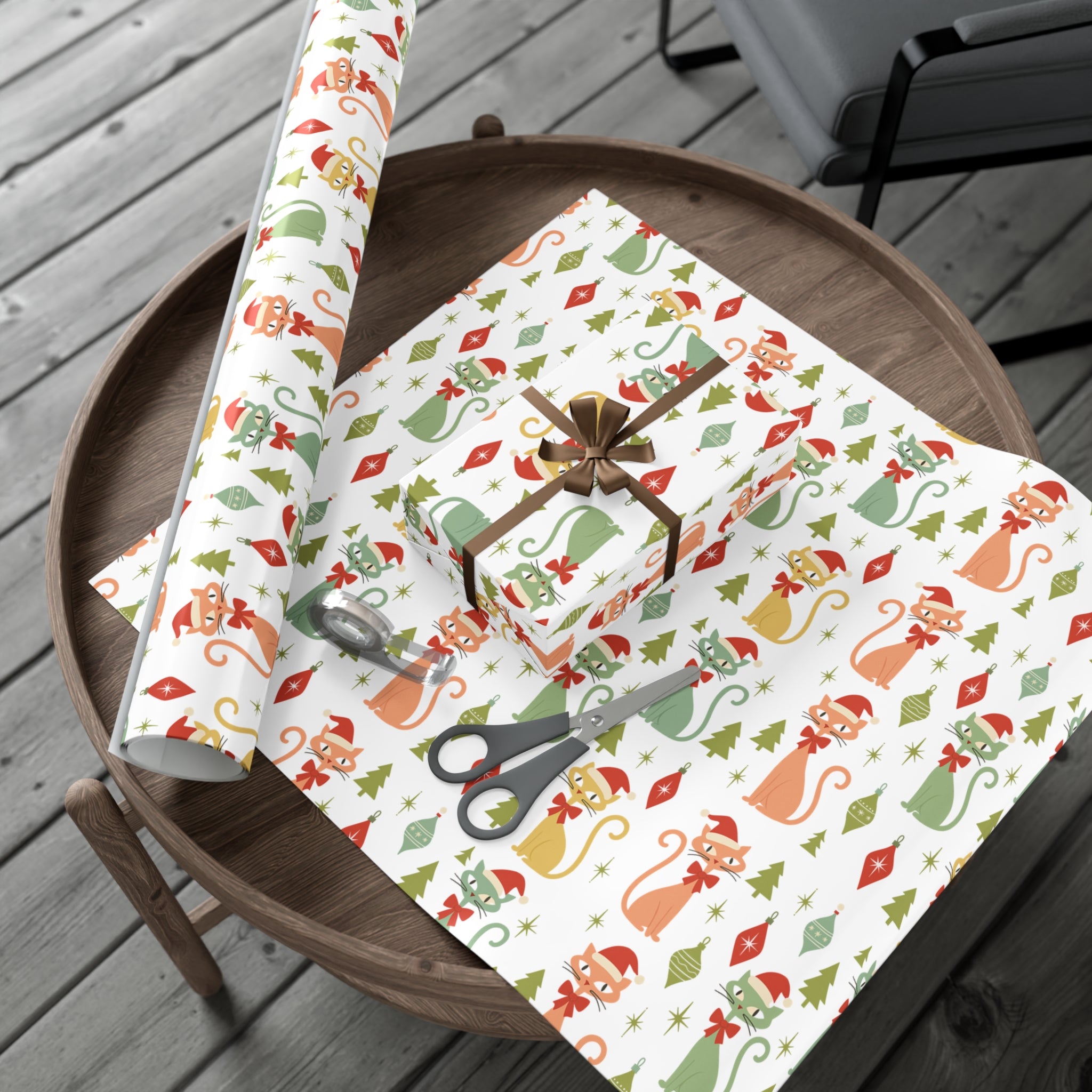 Christmas Atomic Cat Wrapping Paper, Retro Gift Wrap, Pastel Mid-Century Kitty Design, Vintage Holiday 30x20, 30x72, 30x144 Perfect for all Occasion