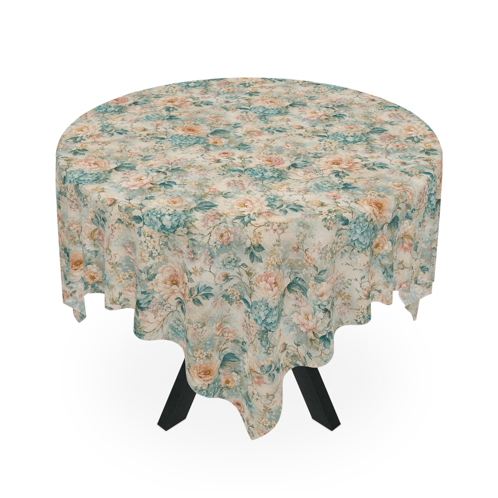 Floral Vintage Tablecloth – Pastel Rose & Teal Cottagecore Dining Linen New House