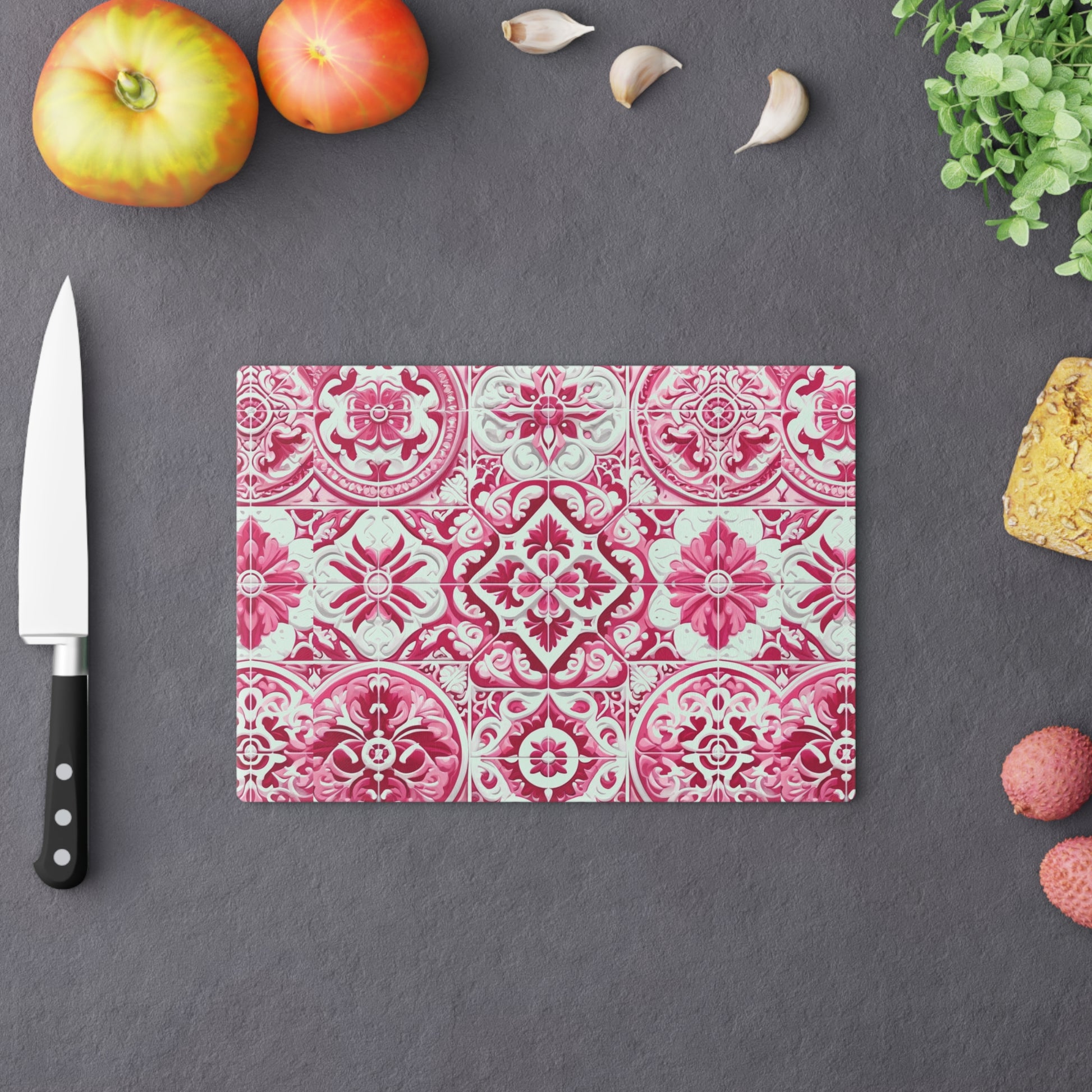 New House Tempered Glass Cutting Board with Pink and White Mediterranean Tile Design Ultra-Durable Kitchen Accessory for Stylish Cooking Kitchen Decor with Elegant Design, Housewarming, New House Gift - MRSBYVALLE