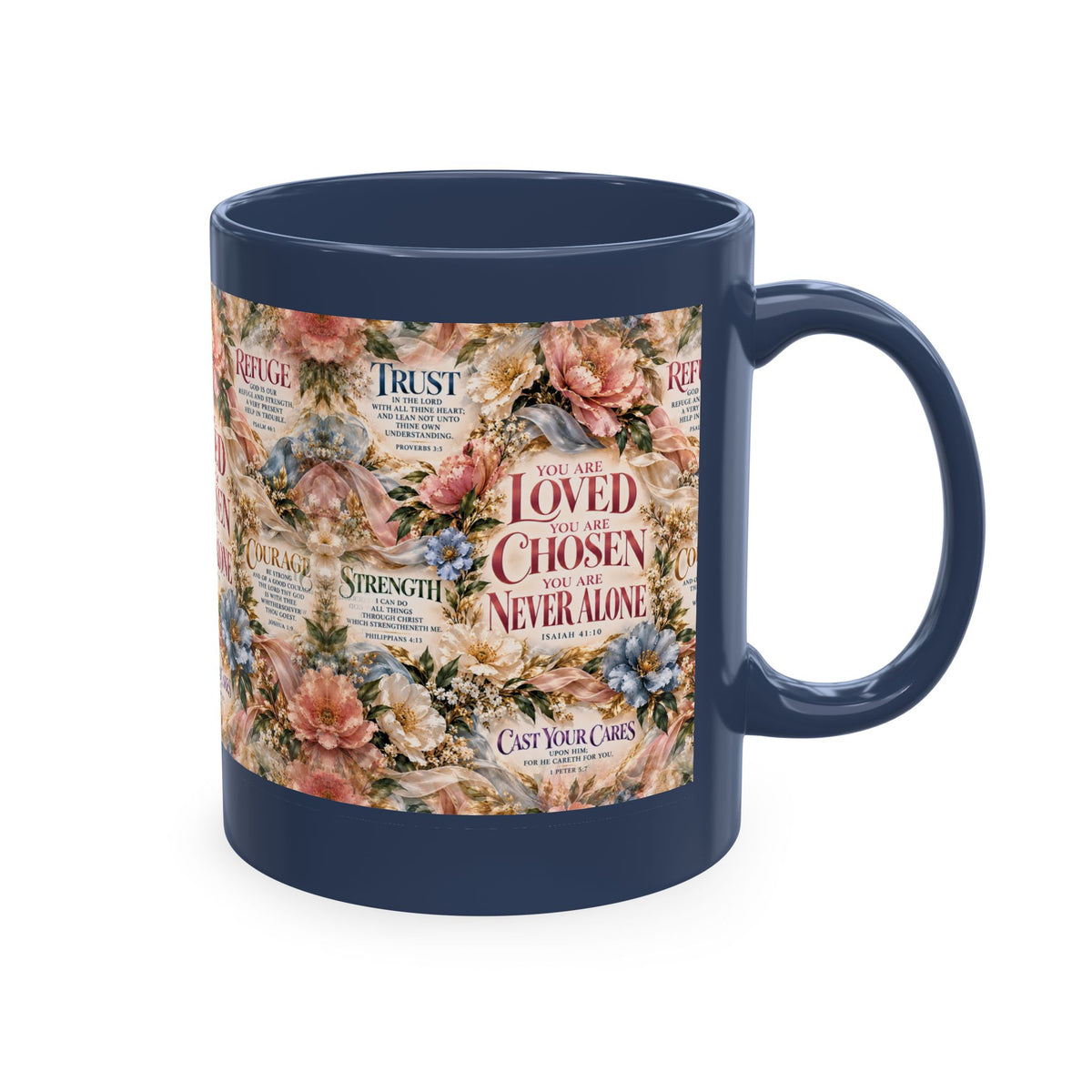 Loved Chosen Never Alone Coffee Mug | Christian Encouragement Gift for Her | Faith Floral Cup