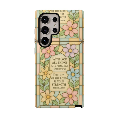 Pastel Stained Glass Bible Verse Phone Case Christian Affirmation Cover, Soft Geometric Design, iPhone Samsung Google, Faith Gift for Her Bible Verse or Affirmation | Protective, Inspirational Gift for Christians