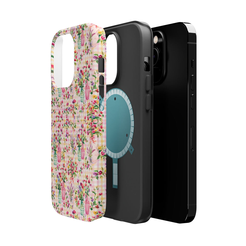 Turquoise & Pink Floral Checker Phone Case — Magnetic Impact-Resistant