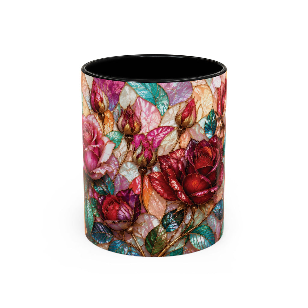 Floral Stained-Glass Accent Coffee Mug Colorful Rose Pattern (11/15 oz) Gift for Her