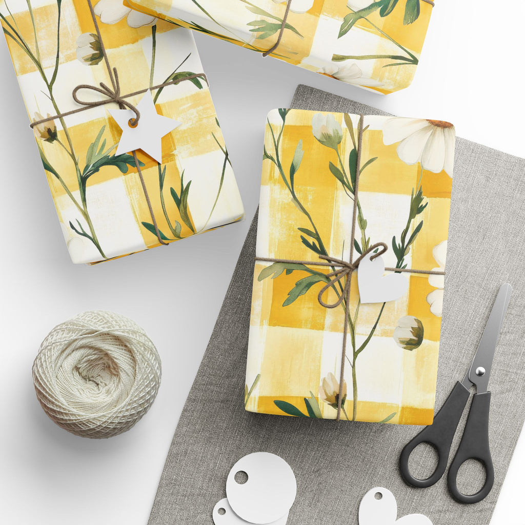 Papier Cadeau Jaune Pastel à Carreaux Marguerite — Papier Cadeau Floral Printanier