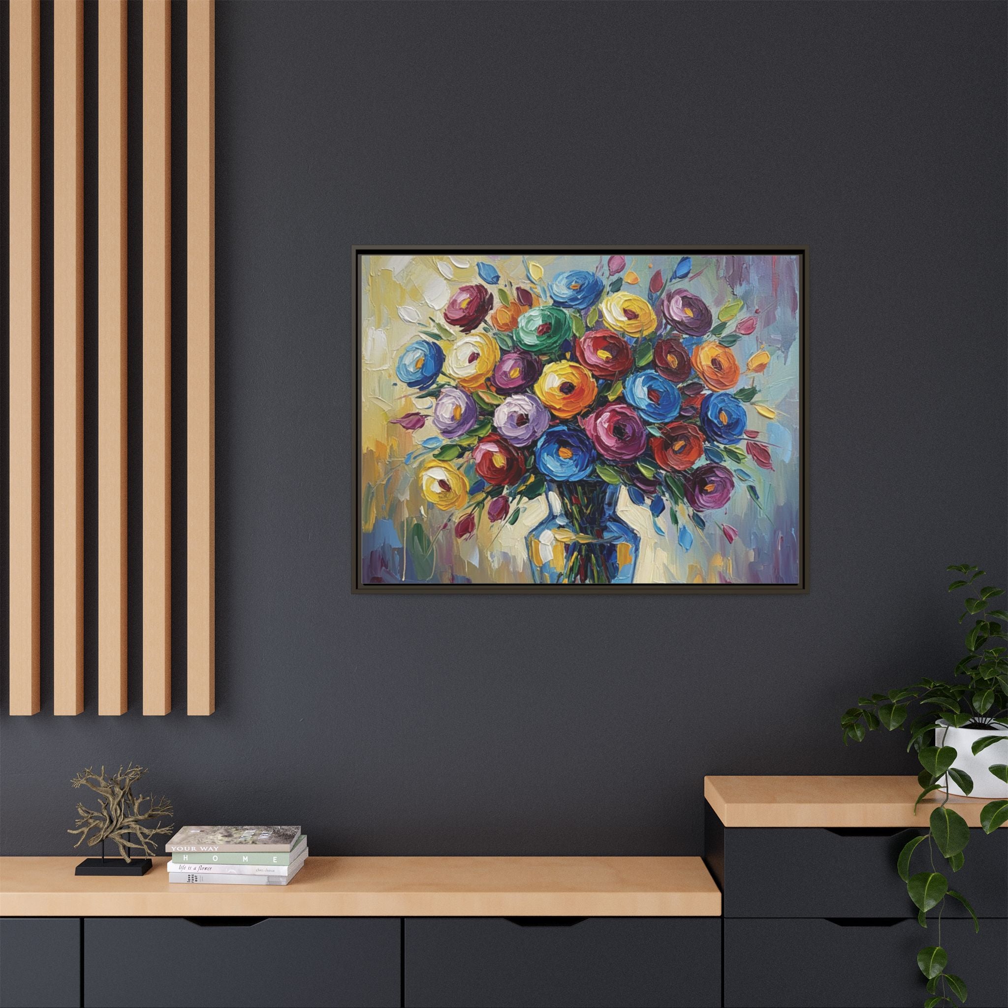 Impression sur toile bouquet floral aquarelle - Tableau mural encadré mat - Illusion de peinture à l'huile vibrante