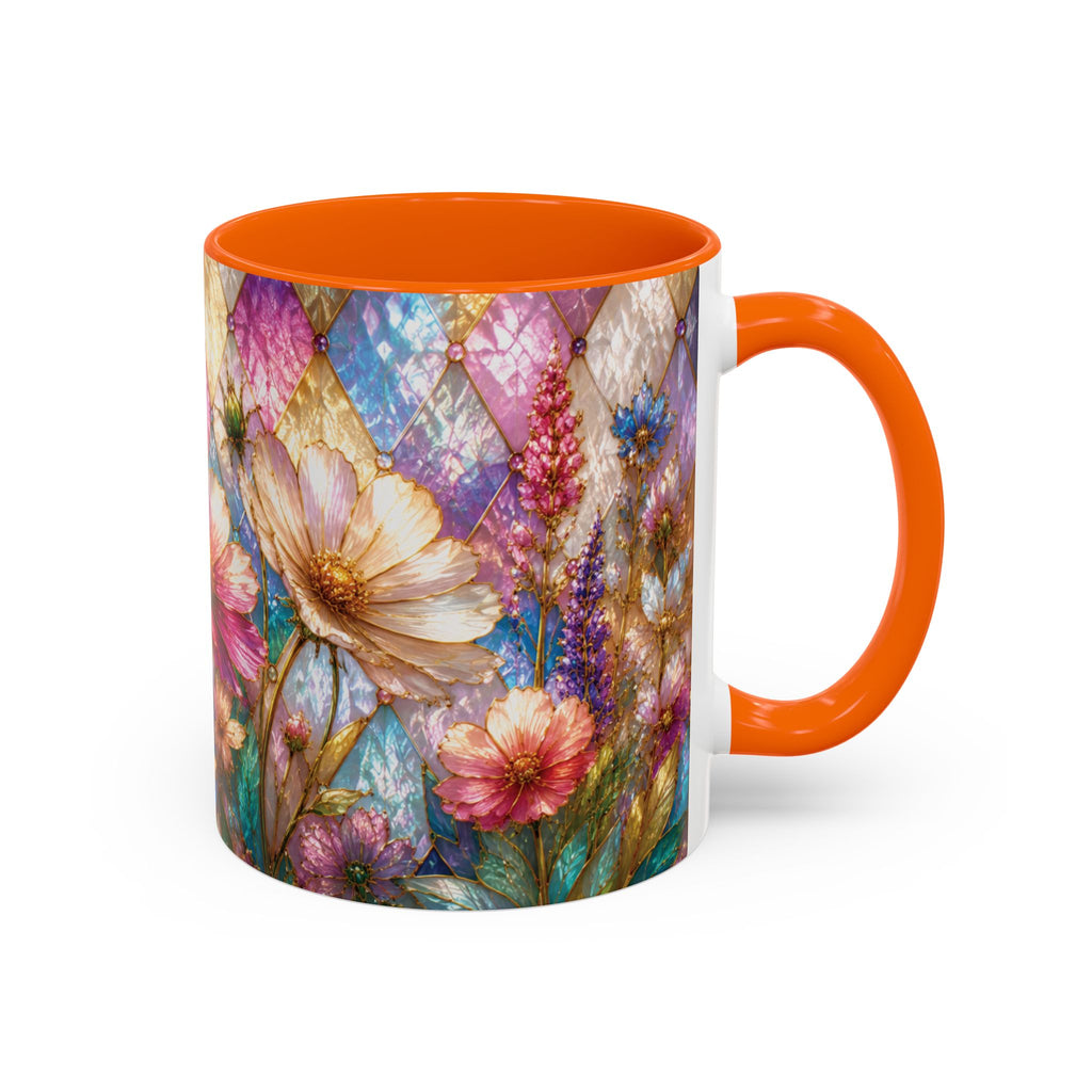 Floral Mosaic Accent Coffee Mug — Colorful Garden Flowers 11/15oz Stain Glass Illusion