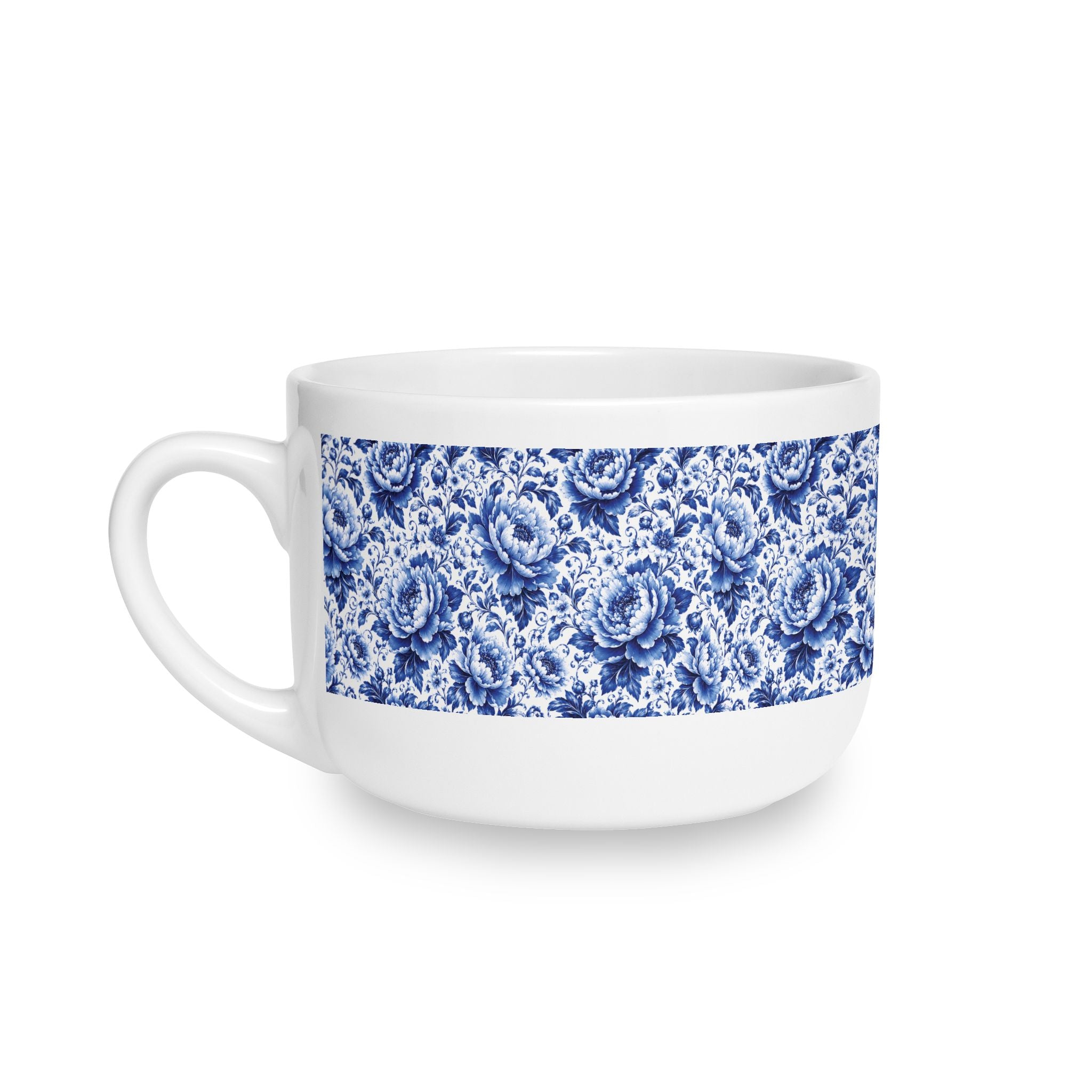 Blue & White Chinoiserie Peony 25 oz Ceramic Latte Mug | Elegant Floral Coffee Cup