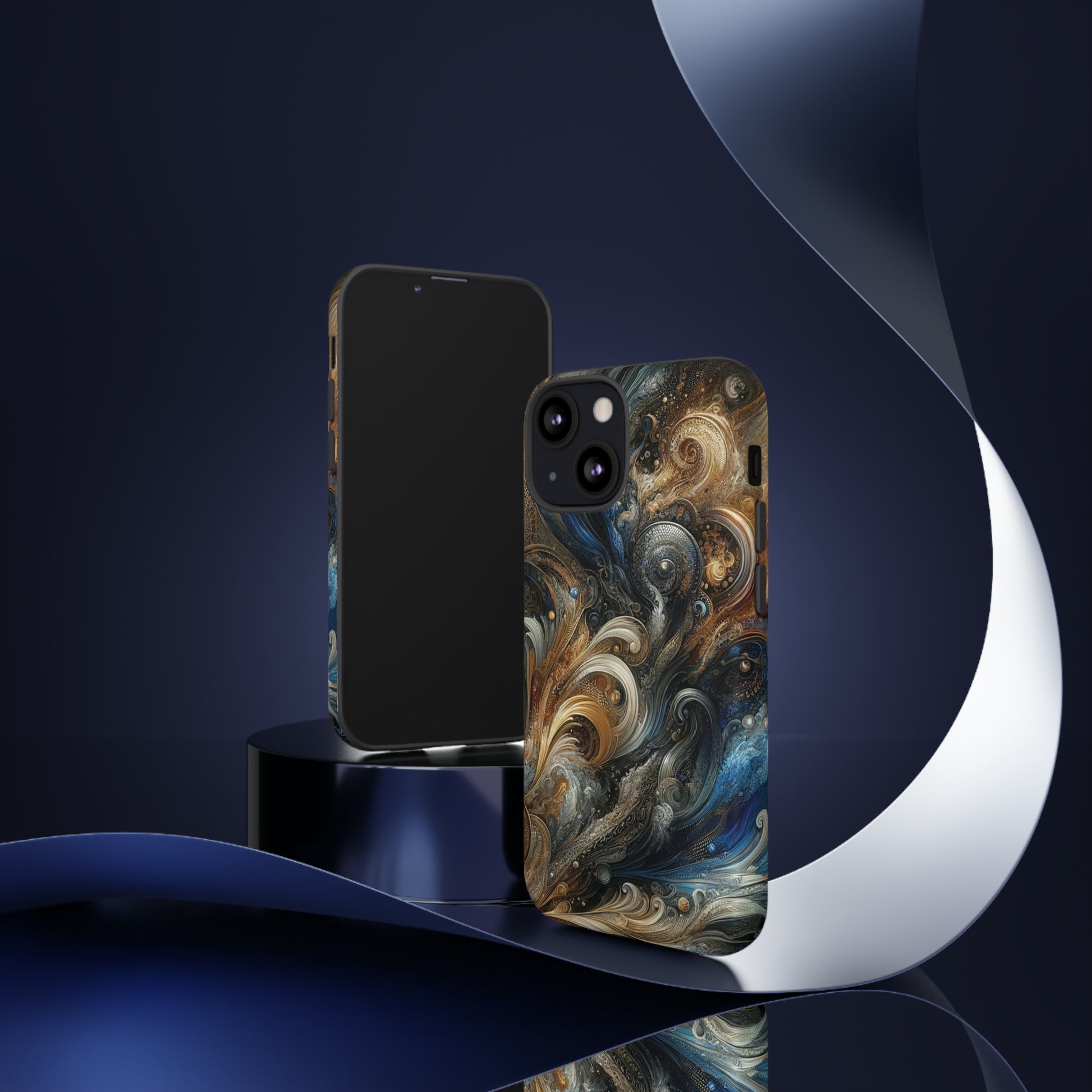 Gold and Navy Art Design Luxury Phone Tough Case Floral Elegant Durable Stylish for Modern Devices iPhone 15, Samsung iPhone Samsung Accessory Gift for Her.